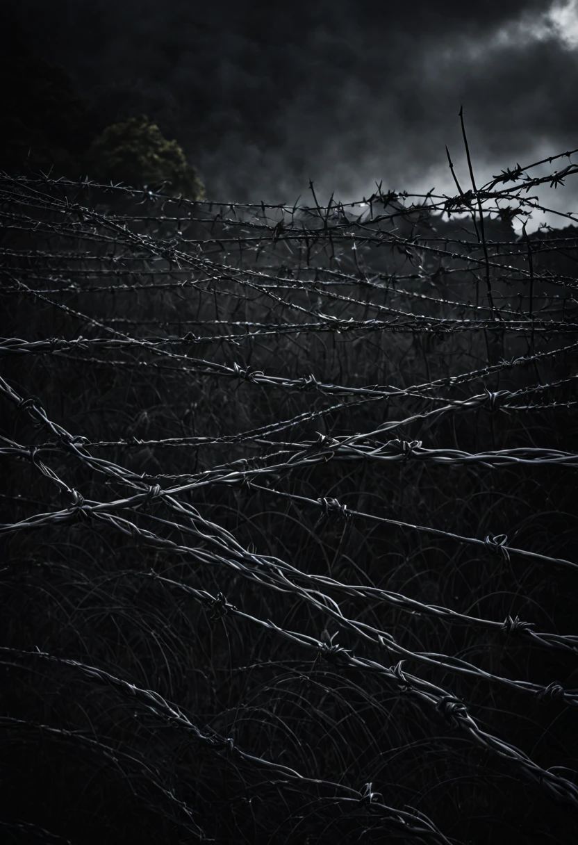 BARBED WIRE IN FORGROUND, black mountain college, bloomsbury group, layered textures , (Rembrandt Lighting), zeiss lens, ultra realistic, 8k uhd, dslr, Dramatic Rim light, high quality, Fujifilm XT3 HDRI