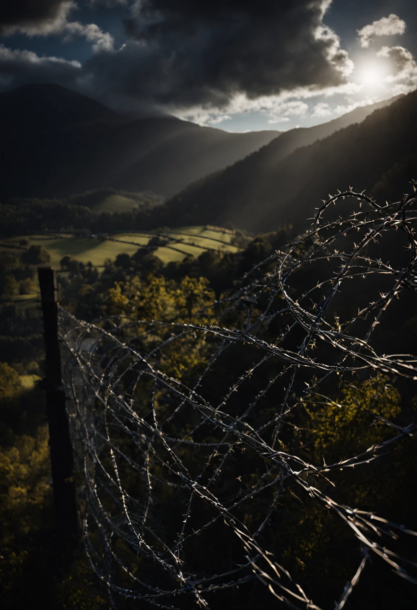  BARBED WIRE IN FORGROUND, black mountain college, bloomsbury group, layered textures , (Rembrandt Lighting), zeiss lens, ultra realistic, 8k uhd, dslr, Dramatic Rim light, high quality, Fujifilm XT3 HDRI