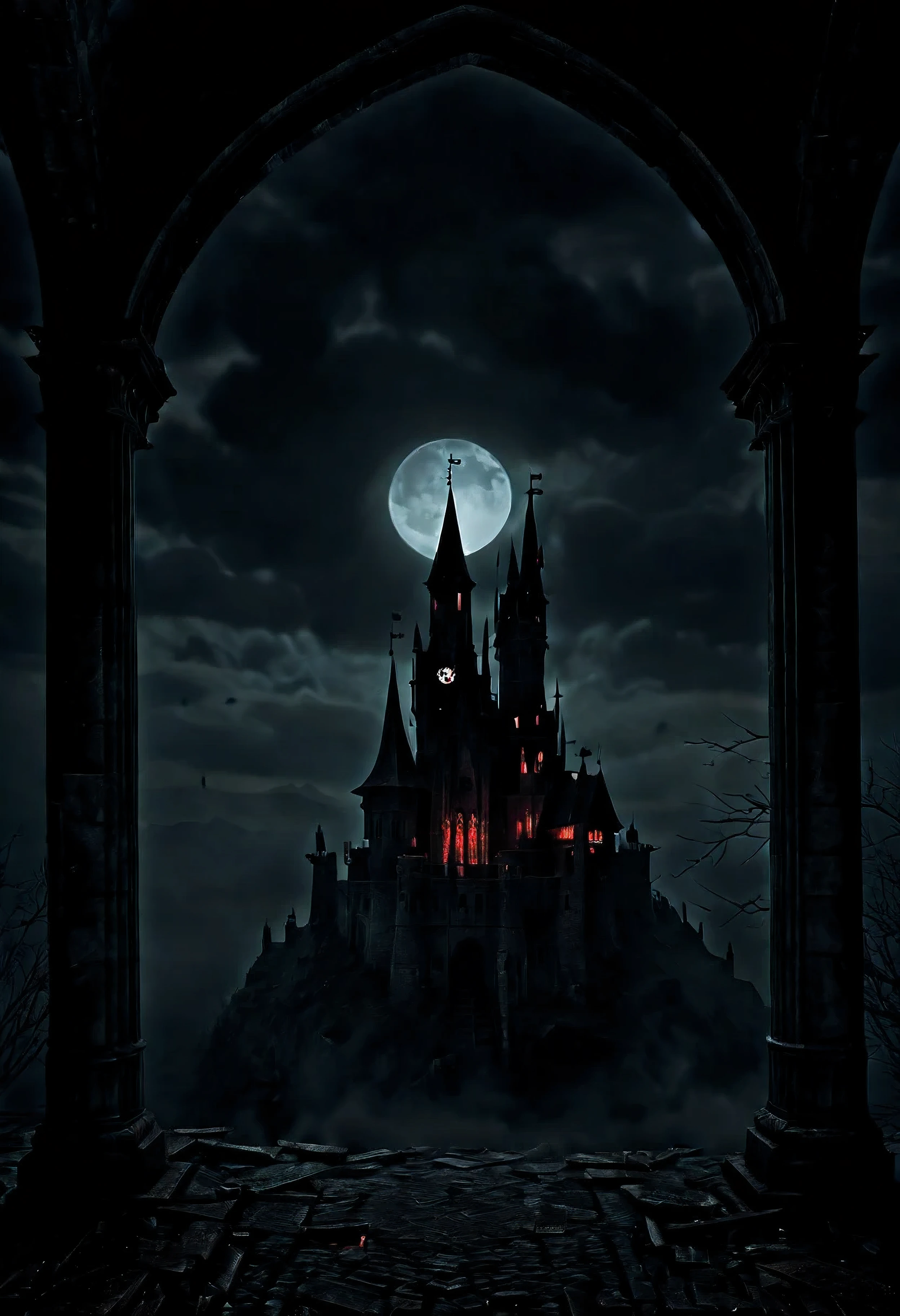 (main subject) eerie places, horror movie setting, Dracula castle style (material) dark and haunting illustrations, gothic, mysterious (additional details) foggy atmosphere, creepy shadows, eerie sounds echoing, old and decaying architecture, moonlit sky (image quality) (best quality, highres), ultra-detailed, (photorealistic:1.37) (art style) horror, gothic, dark fantasy (color tone) dark and desaturated with pops of deep red (light) dimly lit by flickering candlelight, casting eerie and elongated shadows