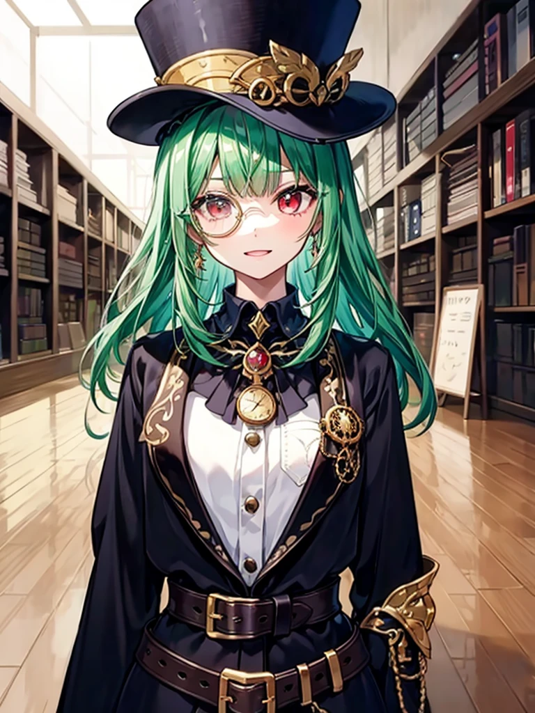 (((masterpiece、Highest image quality、highest quality、highly detailed unity 8kwallpaper)))、((Illustration of one girl、upper body))、(((beautiful girl)))、(librarian)、(Emerald green hair、messy hair、sidelocks:1.2、red eyes、crazy smile)、(((flat chest)))、(((monocle)))、pocket watch、(((Black top hat、Black tuxedo、belt)))、great medieval library、Large amount of books