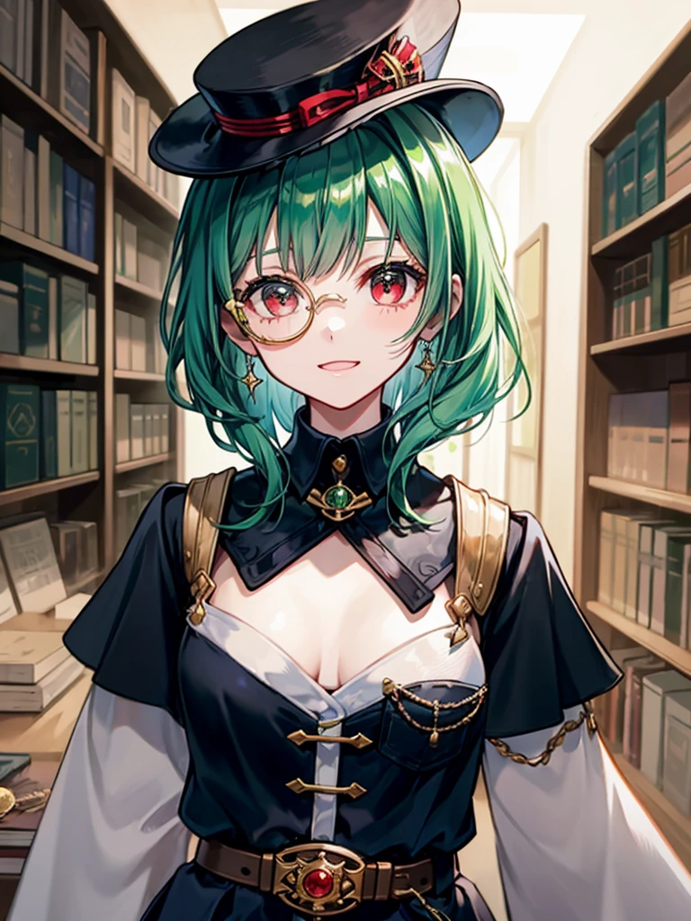 (((masterpiece、Highest image quality、highest quality、highly detailed unity 8kwallpaper)))、((Illustration of one girl、upper body))、(((beautiful girl)))、(librarian)、(Emerald green hair、messy hair、sidelocks:1.2、red eyes、crazy smile)、(((flat chest)))、(((monocle)))、pocket watch、(((Black top hat、Black tuxedo、belt)))、great medieval library、Large amount of books