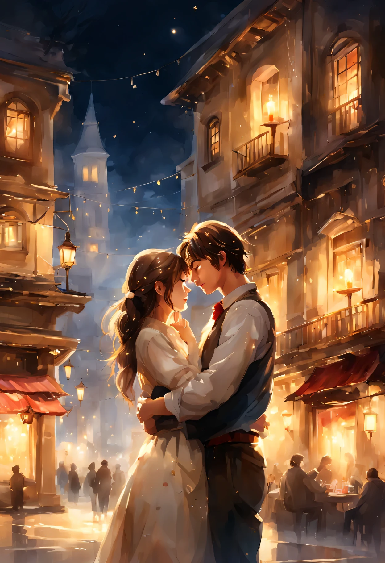 (masterpiece, highest quality, Super detailed, Very detailed CG), (Young man and woman hugging each other:1.4)、 setting: Dinner at a restaurant or cafe,
scene: at a nice dinner table、Candlelight gives light。,
prompt: By the time you finish eating dessert、Beautiful girl presents a small gift box to a man。「thank you for the wonderful night。this is a little surprise for you。」 colorful, warm halo, null, watercolor, wide shot.