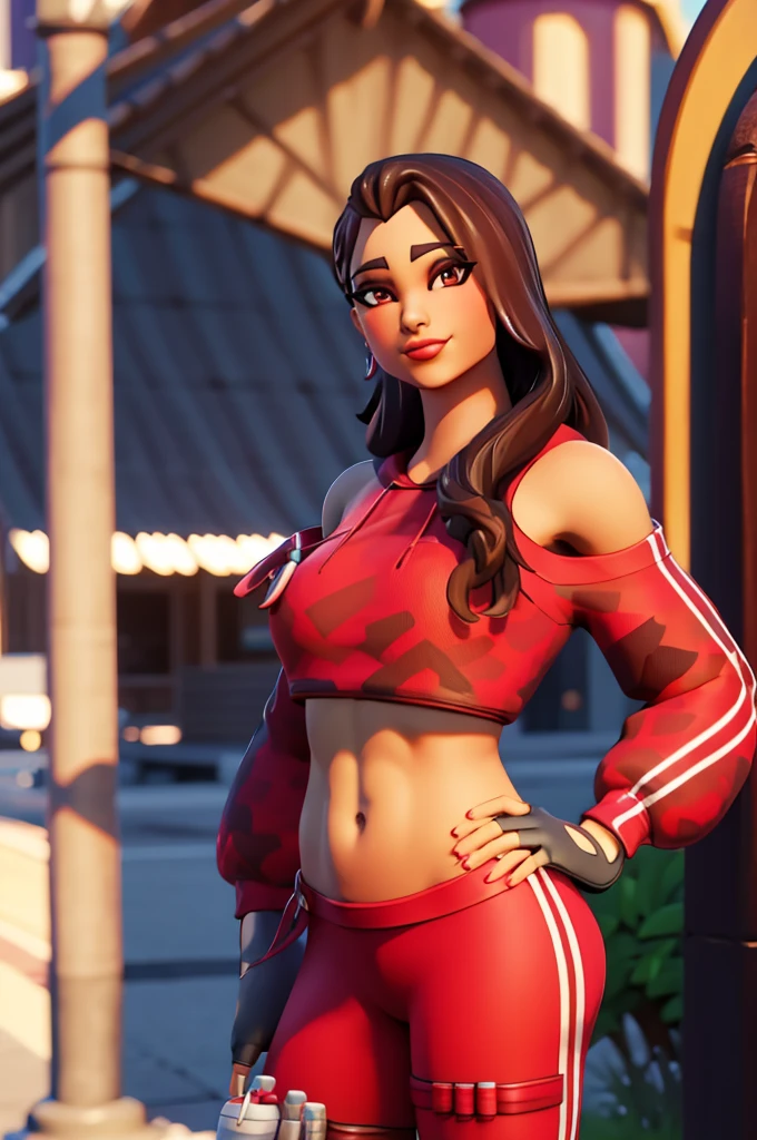 Ruby , (fortnite),1girl, solo, long hair, looking at viewer, smile, breasts, city background, butt, bare shoulders, tight shirt, closed mouth, portrait, red sweatshirt, skin tight pants, red sports pants, seductive, realistic, best quality, masterpiece, ultra detail, ultra high res, extreme detail, 8k, uhd