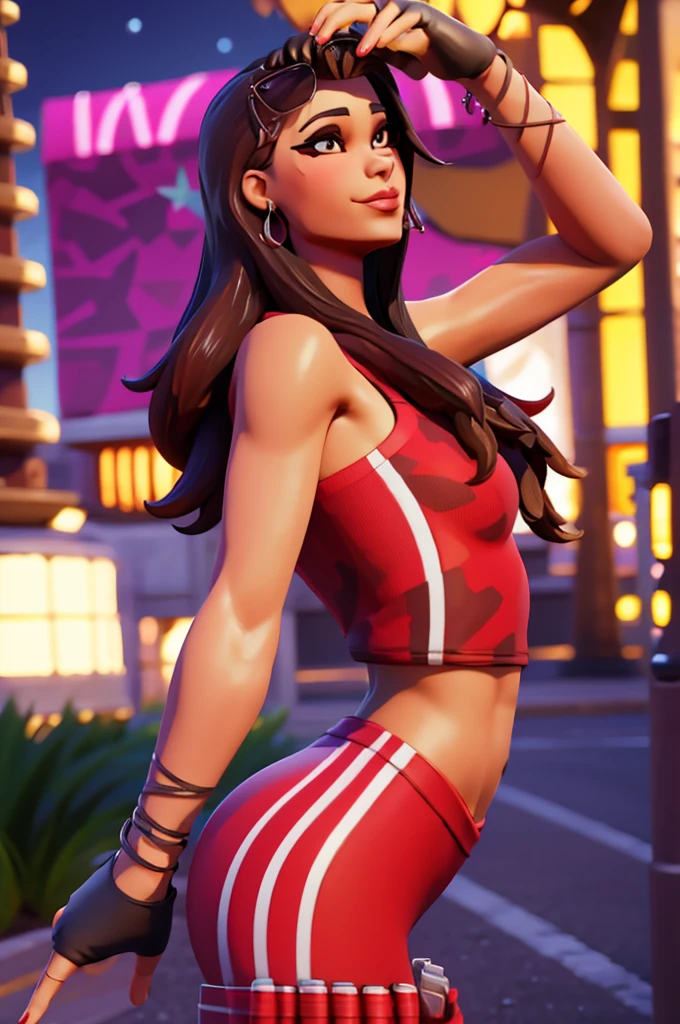 Ruby , (fortnite),1girl, solo, long hair, looking at viewer, smile, breasts, city background, butt, bare shoulders, tight shirt, closed mouth, portrait, red sweatshirt, skin tight pants, red sports pants, seductive, realistic, best quality, masterpiece, ultra detail, ultra high res, extreme detail, 8k, uhd