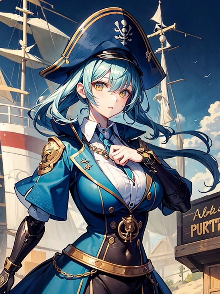 (((masterpiece、Highest image quality、highest quality、highly detailed unity 8kwallpaper)))、((Illustration of one girl、upper body))、(((beautiful girl)))、(female pirate)、(Light light blue hair、short ponytail:1.2、yellow eyes)、(((Right hand is a prosthetic hand、steampunk prosthetic arm)))、((tall))、bulky figure, massive frame, thick neck, sturdy arms, powerful legs、(captain's suit、Pirate hat、Blue coat)、Pirate ship deck