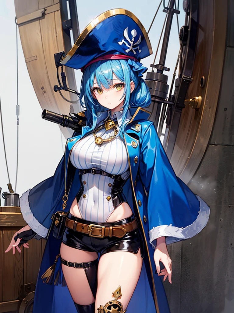 (((masterpiece、Highest image quality、highest quality、highly detailed unity 8kwallpaper)))、((Illustration of one girl、upper body))、(((beautiful girl)))、(female pirate)、(Light light blue hair、short ponytail:1.2、yellow eyes)、(((Right hand is a prosthetic hand、steampunk prosthetic arm)))、((tall))、bulky figure, massive frame, thick neck, sturdy arms, powerful legs、(captain's suit、Pirate hat、Blue coat)、Pirate ship deck