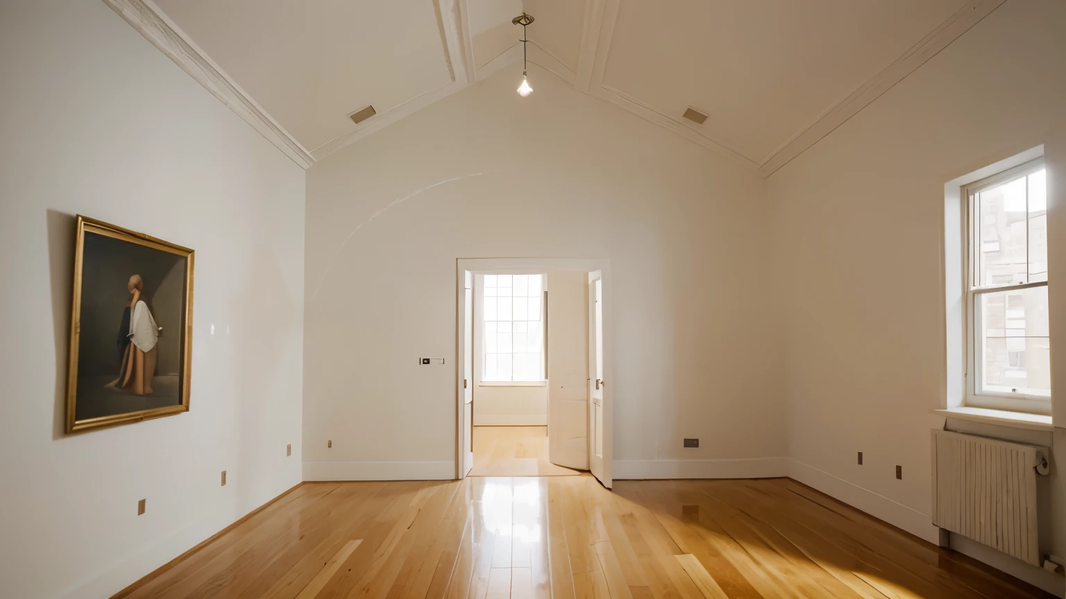 room inside of a museum, small room, no paintings, no doors, white walls, ceiling lighting, bright room side view, two point perspective