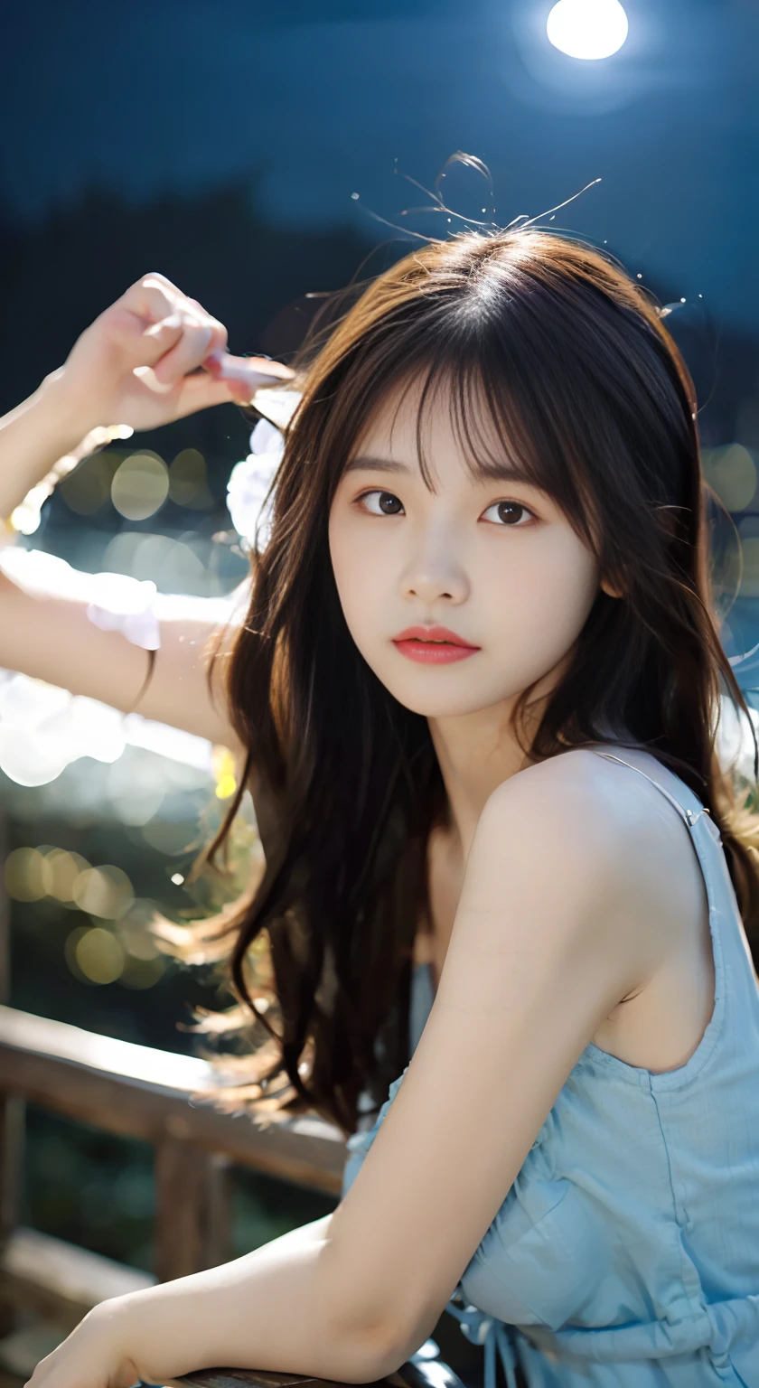 (Close up portrait of slender small breast with hair blowing in the wind in frilly dress。:1.5)、(Girl looking at full moon shining in sea in night sky:1.3)、(Full moon and late night sea :1.3)、(anatomically correct:1.3)、(full hand:1.3)、(full finger:1.3)、Photoreal、Raw photo、table top、highest quality、high resolution、delicate and beautiful、perfect face、beautiful and fine eyes、Fair skin、real human skin、pores、((thin legs))、(black hair)