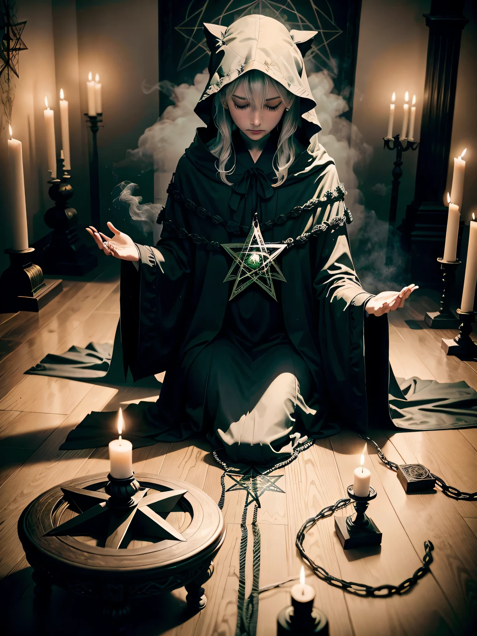 ceremony,black mist,reverse pentagram,altar,wrapped in robe,green light