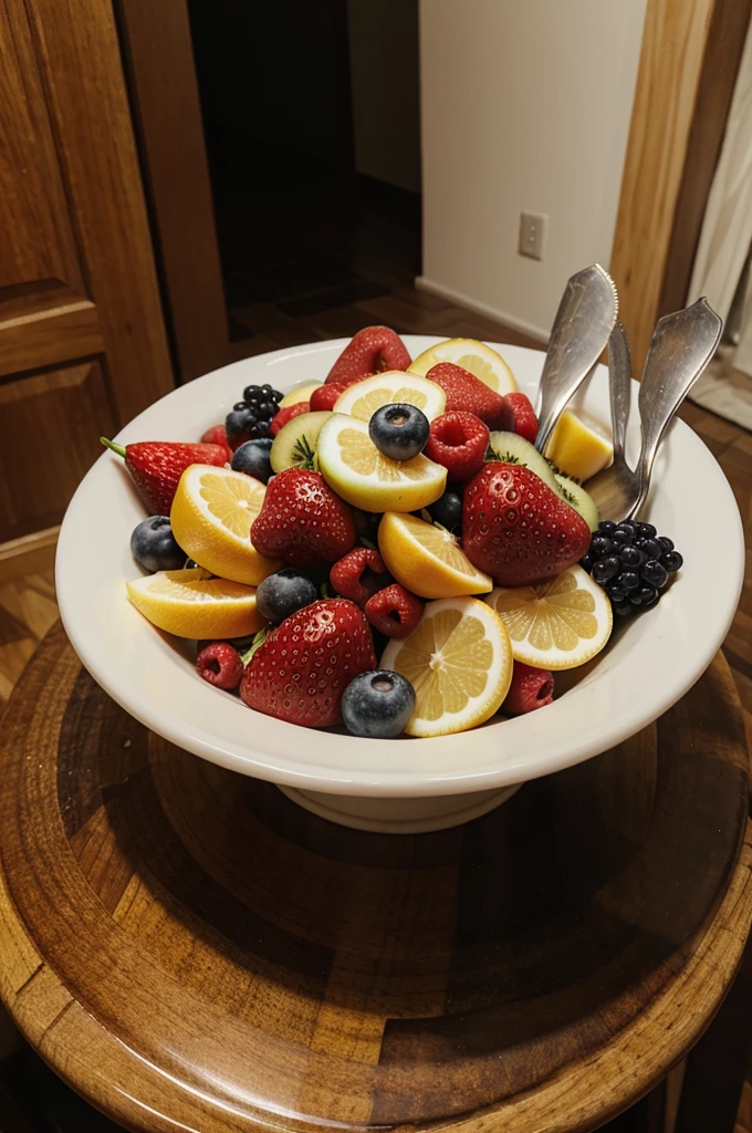 photo of only cut fruits in bowl and fork