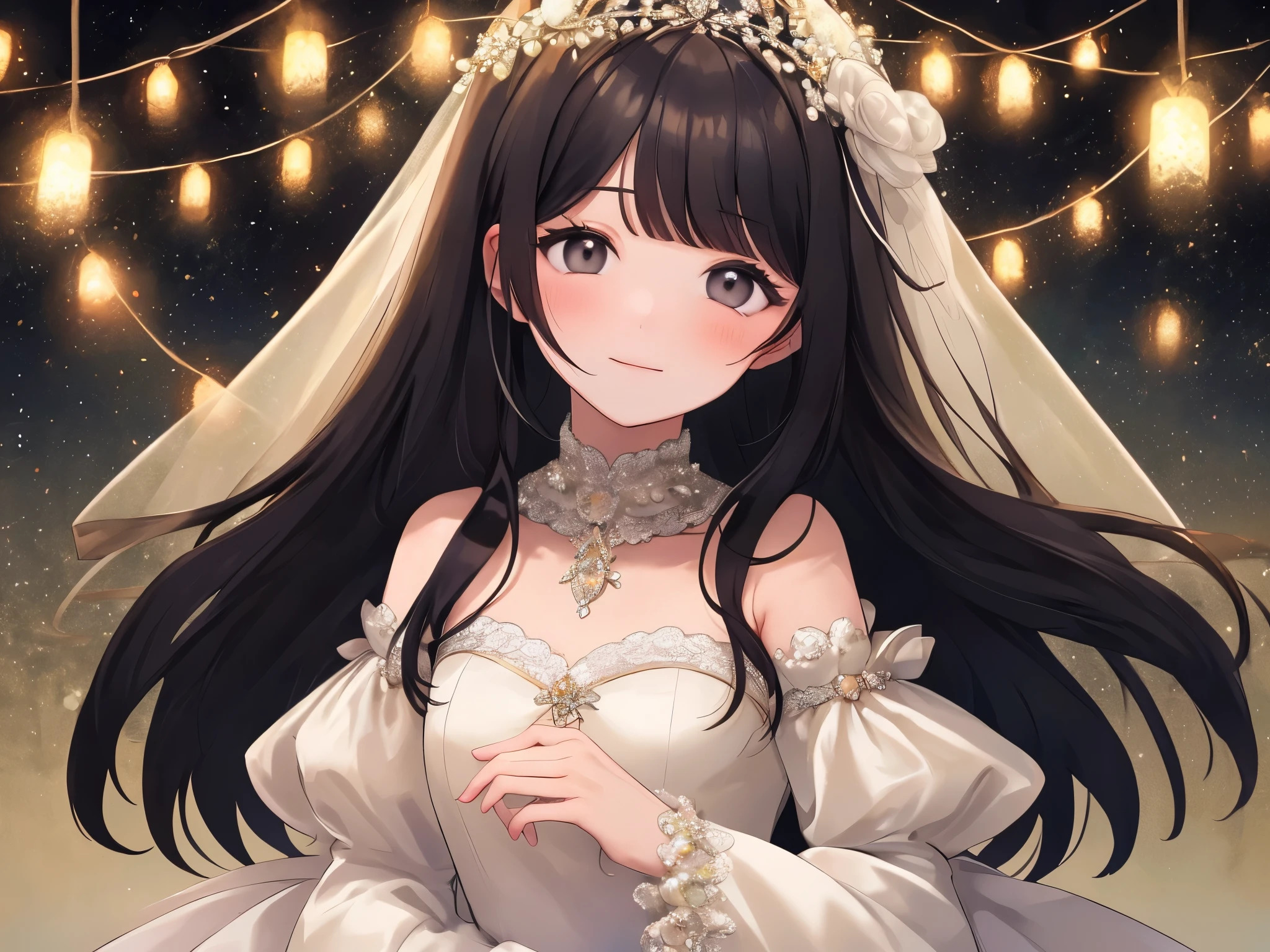 A slightly plump woman,has long black hair,bangs,wearing makeup,small black eyes,wearing a wedding dress with sleeves,I'm embarrassed,Sparkling,Upper body,Quiet personality,look up,small breasts,