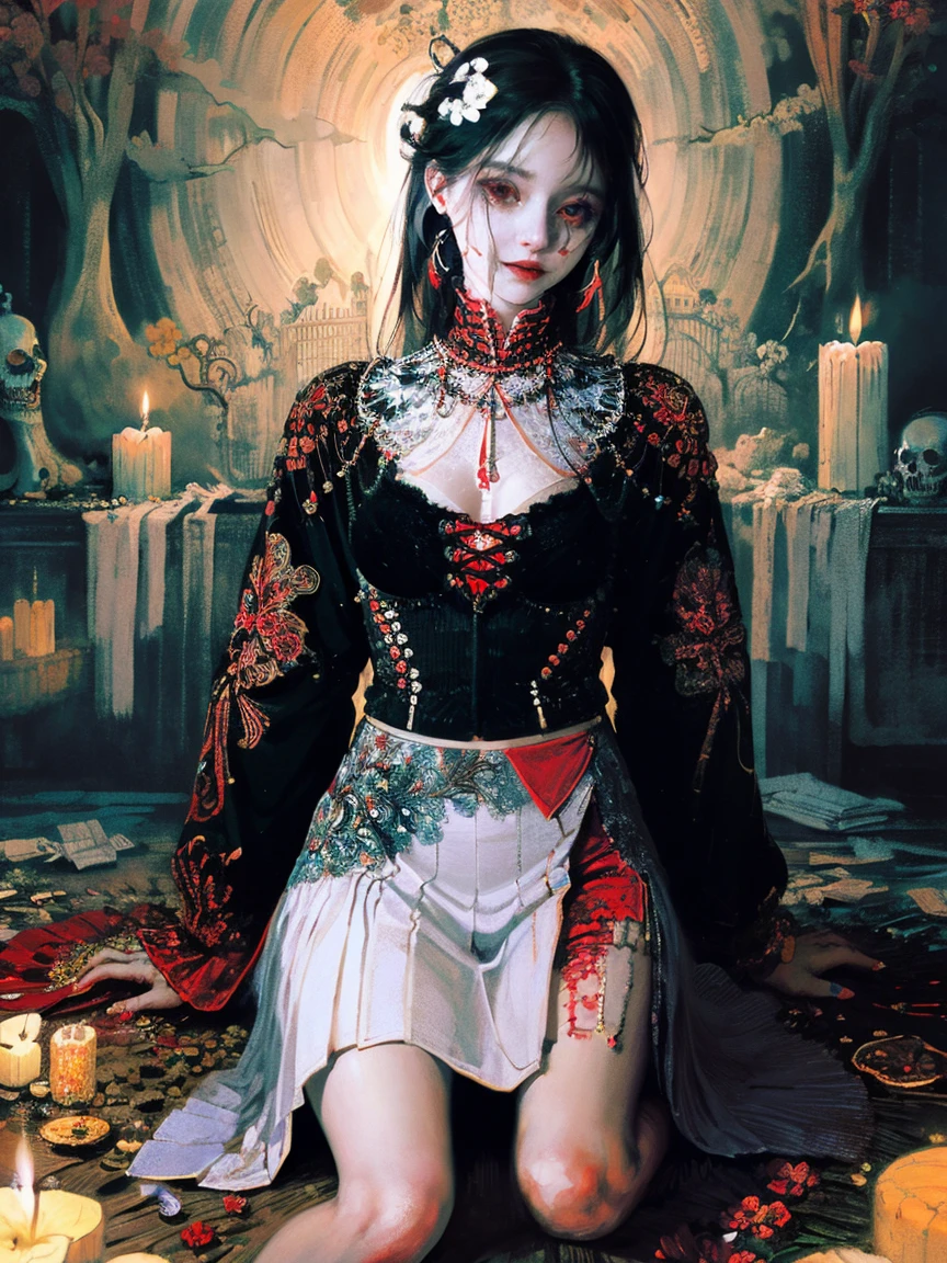 masterpiece, best quality, intricately detailed, a woman, beautiful, elegant, smile, blood, iridescent long hair, bangs, skirt, shirt, long sleeves, frills, shoes, bowtie, (red and black:1.4), flower, creepy, horror, skulls, long hair, black hair, candle, blood, hair flower, solo, hair ornament, bone, sitting, doll, skull, skeleton,  horror (theme), creepy place, eerie, far shot, castle