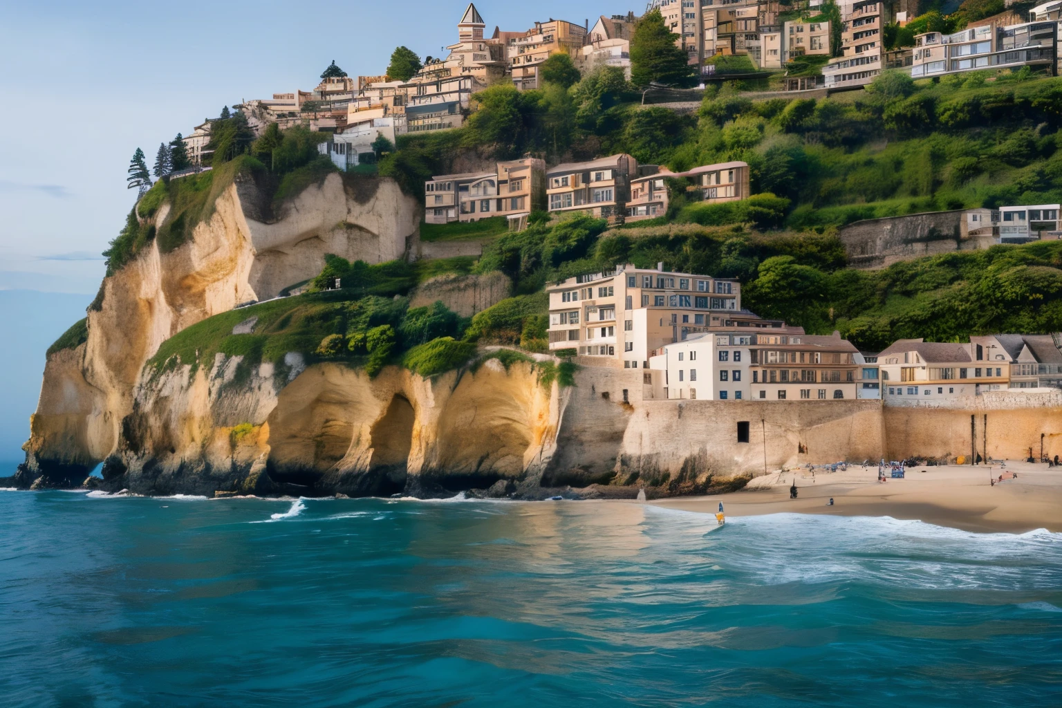 A townscape rising on a cliff, a masterpiece, high image quality, sharp focus 