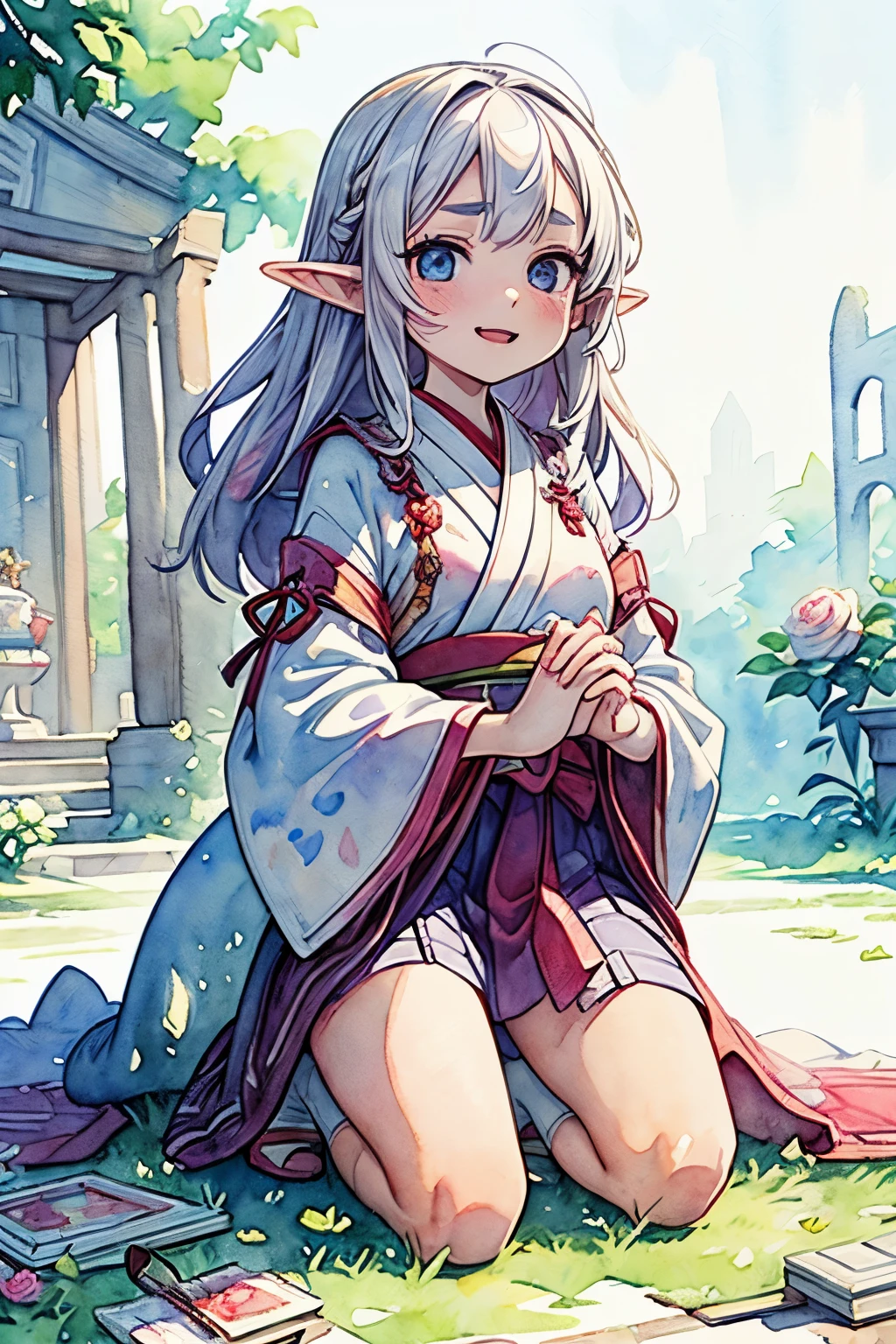 ((Masterpiece)), ((best quality)), (super detailed), (Professional Photography), (Photorealsitic:1.3), small breast, beautiful teenage girl, (pale skin), ((shrine maiden's ceremonial garb)), (kneeling), (interlocked fingers), messy medium-long hair, pale thighs, (elf ears), (Short eyebrows), healthy whole body, (laughing), pale purple hair, 1girl, solo, ((beautiful eyes)), beautiful detailed eyes, detailed face, textile shading, perfect anatomy, in the Rose Garden, (ruins landscape),(Watercolor white Background:1.5),