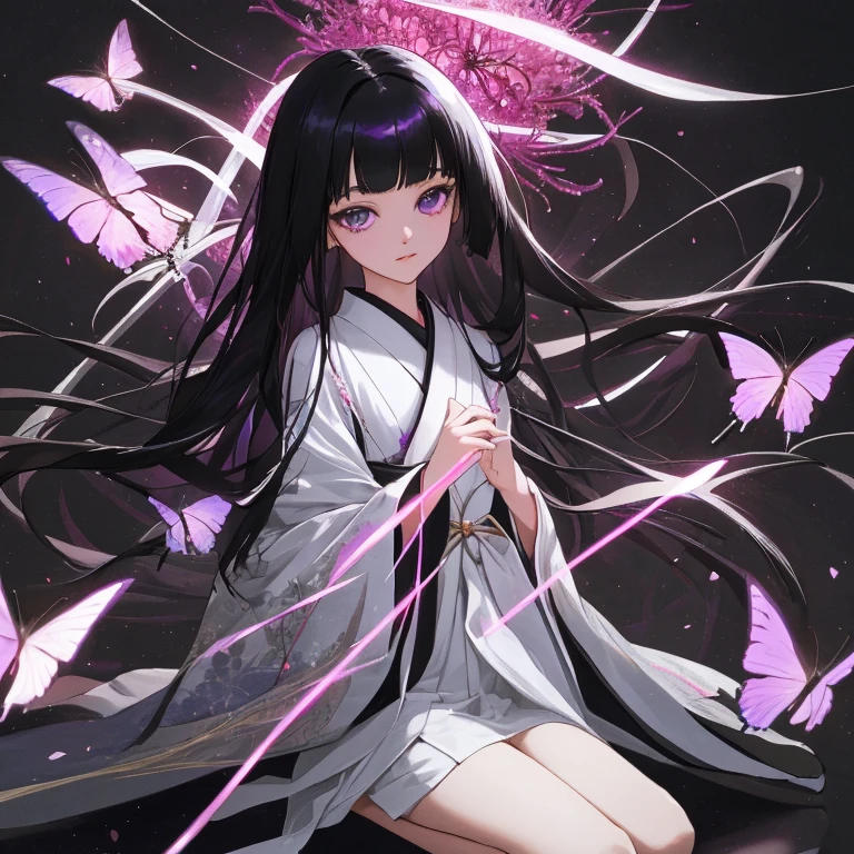 {{{{amazing quality, great quality, high quality, very aesthetic, aesthetic, best quality}}}}, 
realistic, photo, shadow, Three-dimensional, absurdres, Digital art, 
{{{{Magical girl}}}}, beautiful girl, one girl, , 
black hair, long hair, straight hair, trimmed hair, shiny hair, blunt bangs, short sideburns, 
purple eyes, {{big eyes}}, {{round eyes}}, tareme, 
{{flat chest}}, {{small breasts}}, {{detailed body}}, slim thighs, thin thighs, 
{{{Floral black kimono}, white tabi, black geta for women, }}}, 
cluster amaryllis, black butterfly, Shoji, 
