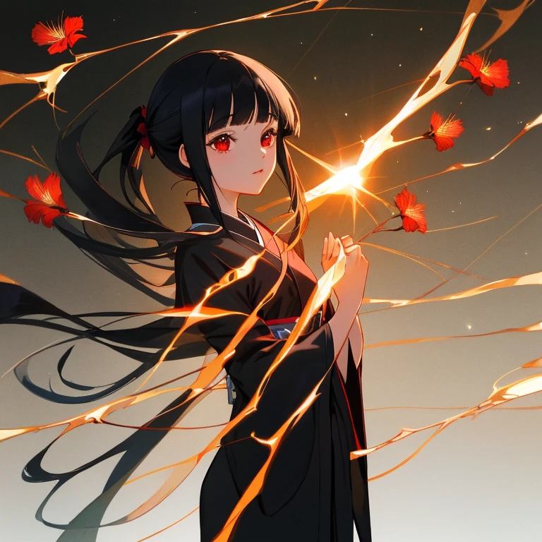 {{{{amazing quality, great quality, high quality, very aesthetic, aesthetic, best quality}}}}, 
realistic, photo, shadow, Three-dimensional, absurdres, Digital art, 
{{{{Magical girl}}}}, beautiful girl, one girl, 13 years old, 
black hair, long hair, straight hair, trimmed hair, shiny hair, blunt bangs, short sideburns, 
red eyes, {{big eyes}}, {{round eyes}}, tareme, 
{{flat chest}}, {{small breasts}}, {{detailed body}}, slim thighs, thin thighs, 
{{{Floral black kimono}, white tabi, black geta for women, }}}, 
cluster amaryllis, black butterfly, Shoji, 