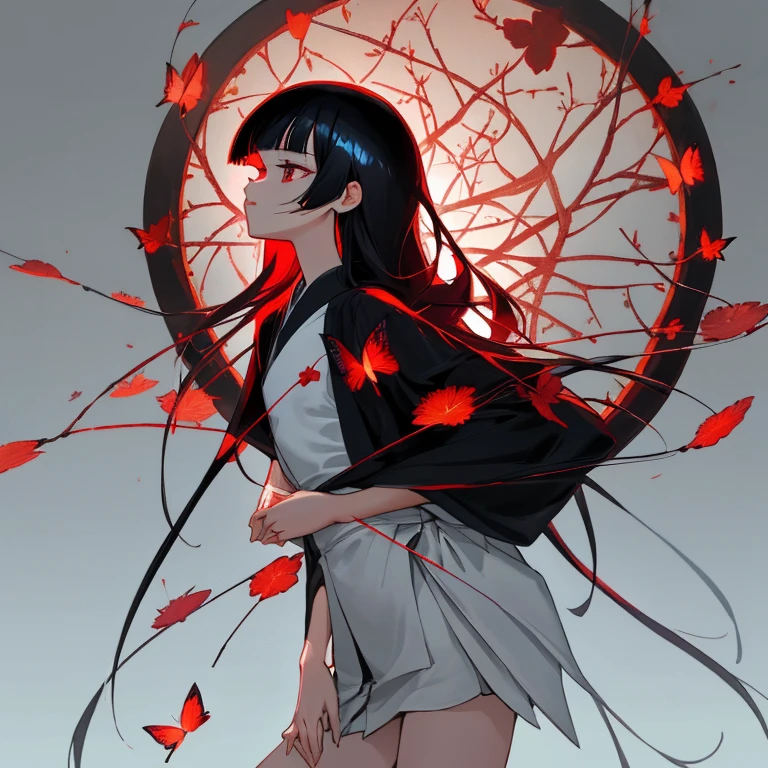 {{{{amazing quality, great quality, high quality, very aesthetic, aesthetic, best quality}}}}, 
realistic, photo, shadow, Three-dimensional, absurdres, Digital art, 
{{{{Magical girl}}}}, beautiful girl, one girl, 13 years old, 
black hair, long hair, straight hair, trimmed hair, shiny hair, blunt bangs, short sideburns, 
red eyes, {{big eyes}}, {{round eyes}}, tareme, 
{{flat chest}}, {{small breasts}}, {{detailed body}}, slim thighs, thin thighs, 
{{{Floral black kimono}, white tabi, black geta for women, }}}, 
cluster amaryllis, black butterfly, Shoji, 
