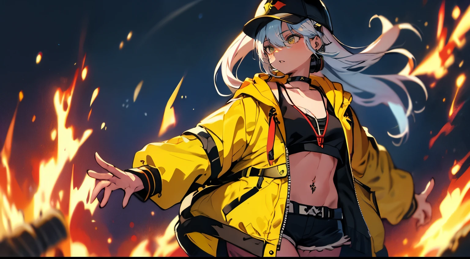 isla-ms, Best Quality, Highest Quality, Highly detailed CG Unity 8k wallpaper, Original, High resolution, (depth of fields: 1.5), fidelity: 1.3,hat, baseball cap, jacket, mask, respirator, choker, tattoo, oversized clothes, leg tattoo, disembodied limb, yellow jacket, shorts, navel