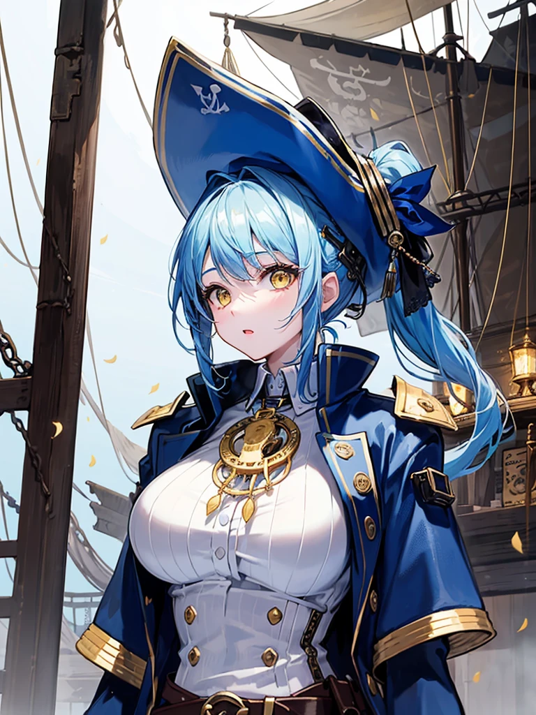 (((masterpiece、Highest image quality、highest quality、highly detailed unity 8kwallpaper)))、((Illustration of one girl、upper body))、(((beautiful girl)))、(female pirate)、(Light light blue hair、short ponytail:1.2、yellow eyes)、(((Right hand is a prosthetic hand、steampunk prosthetic arm)))、((tall))、bulky figure, massive frame, thick neck, sturdy arms, powerful legs、(captain's suit、Pirate hat、Blue coat)、Pirate ship deck