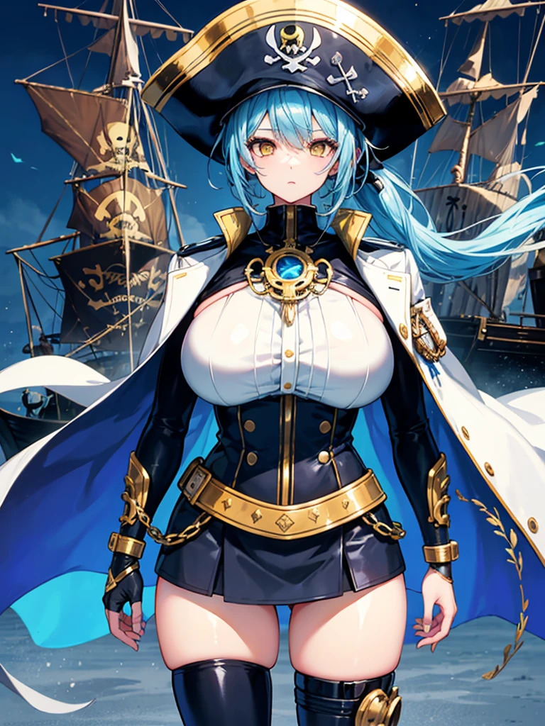 （（（masterpiece、Highest image quality、highest quality、highly detailed unity 8ｋwallpaper）））、（（Illustration of one girl、upper body））、（（（beautiful girl）））、（female pirate）、（Light light blue hair、short ponytail：1.2、yellow eyes）、（（（Right hand is a prosthetic hand、steampunk prosthetic arm）））、（（tall））、bulky figure, massive frame, thick neck, sturdy arms, powerful legs、（captain&#39;s suit、Pirate hat、Blue coat）、Pirate ship deck