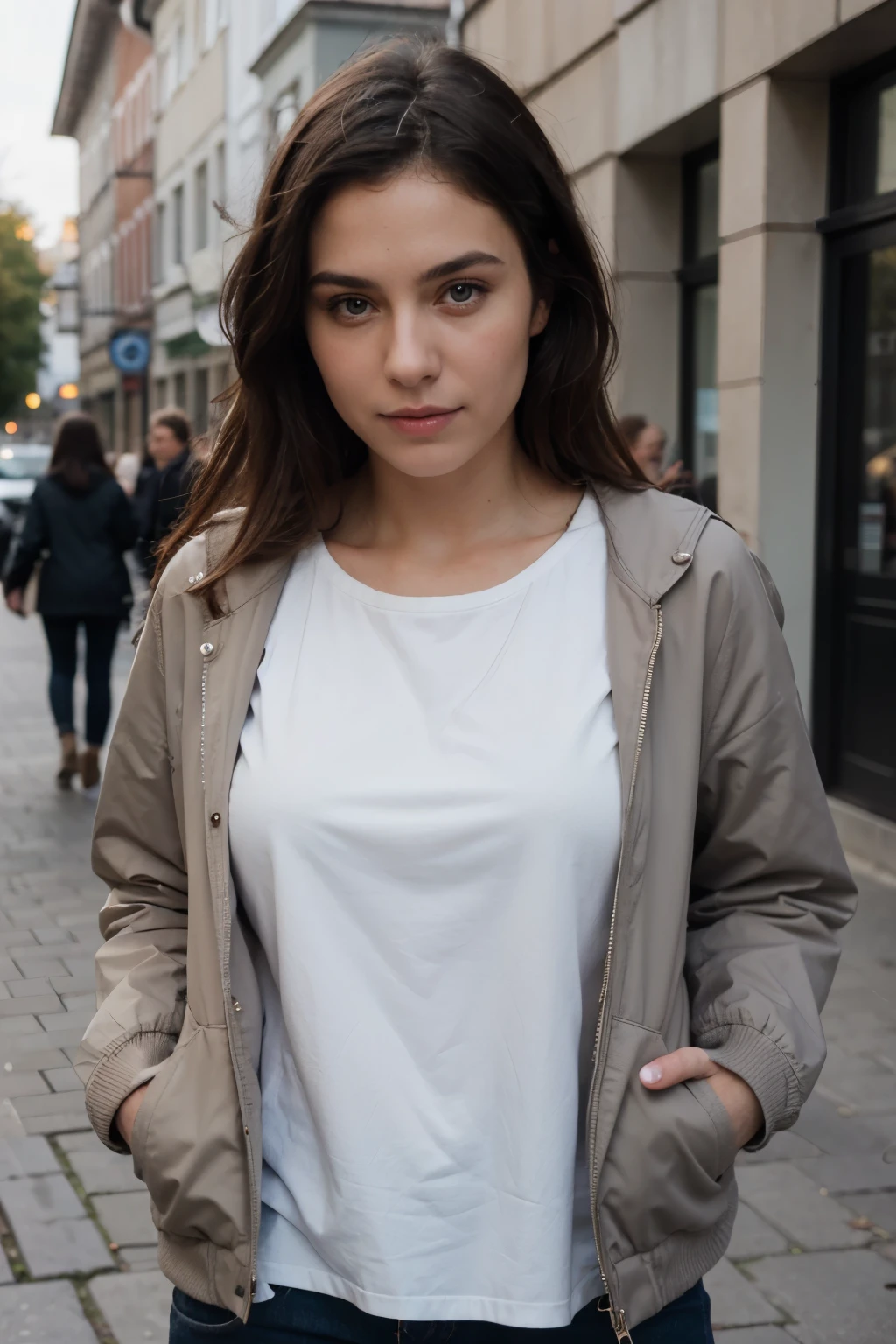 ((Best quality)), ((masterpiece)), (detailed), perfect face dark hair girl in Germany on the street in a jacket