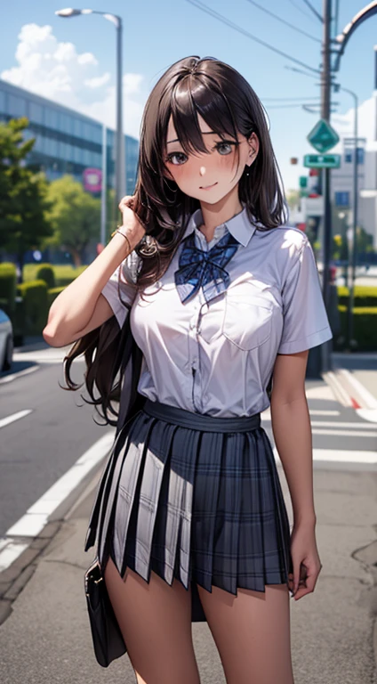 (masterpiece:1.2, top-quality), (realistic, photorealistic:1.4), beautiful illustration, 
looking at viewer, full body, front view:0.6, 
1 girl, japanese, high school girl, (long hair:1.5), blown hair, (half up, half updo), bangs, hair between eye, large breasts:0.8, 
beautiful hair, beautiful face, beautiful detailed eyes, beautiful clavicle, beautiful body, beautiful chest, beautiful thigh, beautiful legs, beautiful fingers, 
(beautiful scenery), , school,
((collared short sleeve shirt, white shirt, school uniform, grey plaid pleated skirt, blue plaid bow tie)), white panties, 
(standing, , lift up skirt, grab the hem of the skirt, hands on chest, hand between legs), 
blush, ,