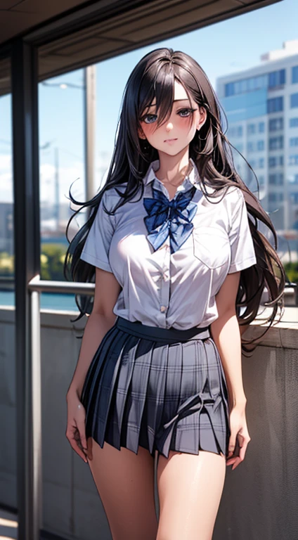 (masterpiece:1.2, top-quality), (realistic, photorealistic:1.4), beautiful illustration,
looking at viewer, full body, front view:0.6,
1 girl, japanese, high school girl, (long hair:1.5), blown hair, (half up, half updo), bangs, hair between eye, large breasts:0.8,
beautiful hair, beautiful face, beautiful detailed eyes, beautiful clavicle, beautiful body, beautiful chest, beautiful thigh, beautiful legs, beautiful fingers,
(beautiful scenery), , school,
((collared short sleeve shirt, white shirt, school uniform, grey plaid pleated skirt, blue plaid bow tie)), white panties,
(standing, , lift up skirt, grab the hem of the skirt, hands on chest, hand between legs),
blush, ,