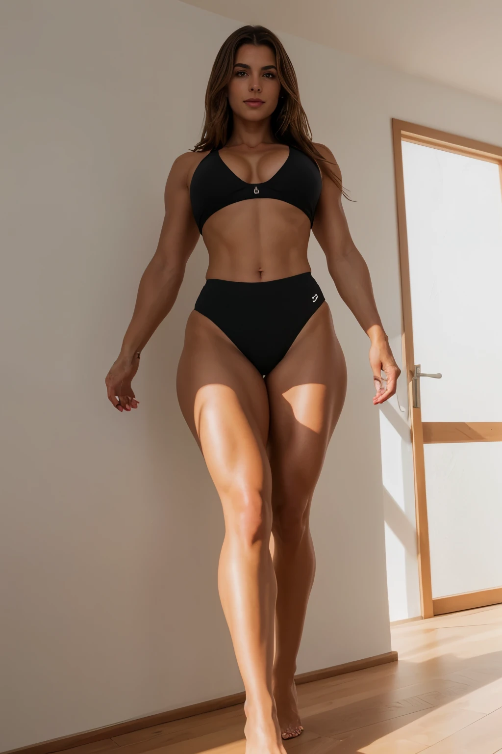 Full body Aufnahme, 8 TAUSEND, RAW-Foto, best quality, UltraHigh Resolution, photorealistisch, realistisch photo of spanish godess of fitness, very thick calves, Fitness Outfit, strong body, Barefoot, seductive walking, naked, black Hair, Angle from down, calves Fokus, she flexes her calves, detailliert face, detailliert, High Resolution, realistisch, photorealistisch, , Beine, glatte Haut, Poren, Falten, (extremely detailliert CG unity 8 TAUSEND wallpaper), photo of the most Nice artwork in the world, Professionally majestic (Fotografie von Steve McCurry), 8 TAUSEND uhd, DSLR, Sanfte Beleuchtung, Good quality, Filmkorn, Fujifilm XT3 scharfer Fokus, f 5.6, Hohe Detailgenauigkeit, scharfer Fokus, dramatisch, (Blick auf den Betrachter:1.2), (natural light), indoor