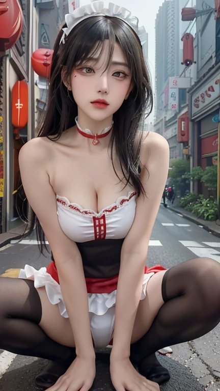 play sports often, (Red maid clothes:1.2), (cleavage:1.2)、No panties, (Cyberpunk settings: 1.2), compensate,, (1 girl: 1.4), highest quality, masterpiece, (reality: 1.2), young woman, lady, detailed face, fine eyes, fine hair, fine skin, looking at the viewer, dramatic, vibrant, sharp focus, 50mm, f1.2, EOS R8, (3/4 body: 1.2), (bare shoulders:1.4), (With Zhuhua Street in the background: 1.6), (highest qualityの詳細: 1.2), 8K HD,(spread legs:1.2),