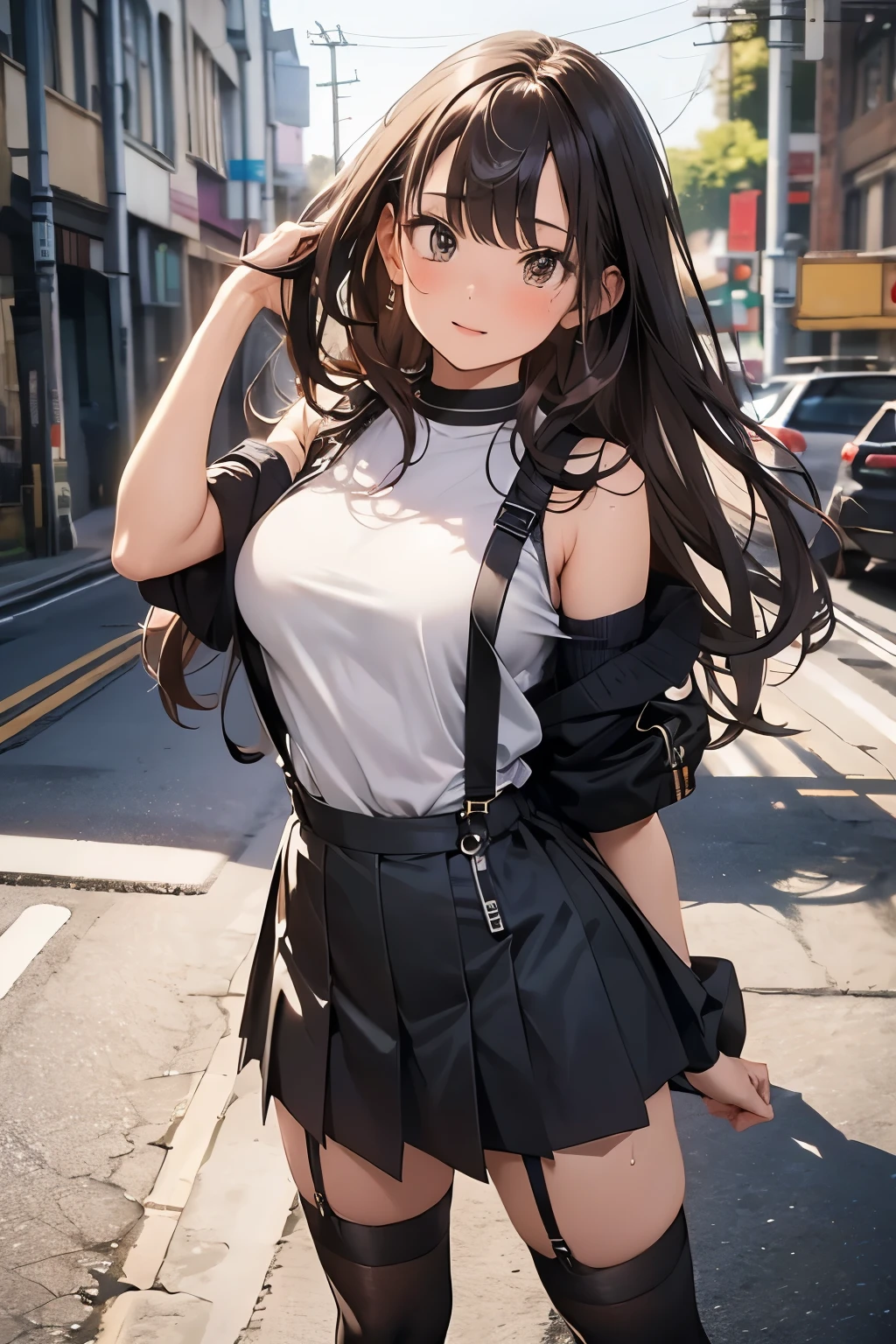 cool beauty,1 girl,clear sky,black hair,amusement park,smile,half up hairstyle,C cup,natural body,detailed description,blouse,flare skirt,small ass,thin thighs,cute underwear,25 years old,no pubic hair,plump body,height: 162cm,sharp outline,Bust: 82cm,