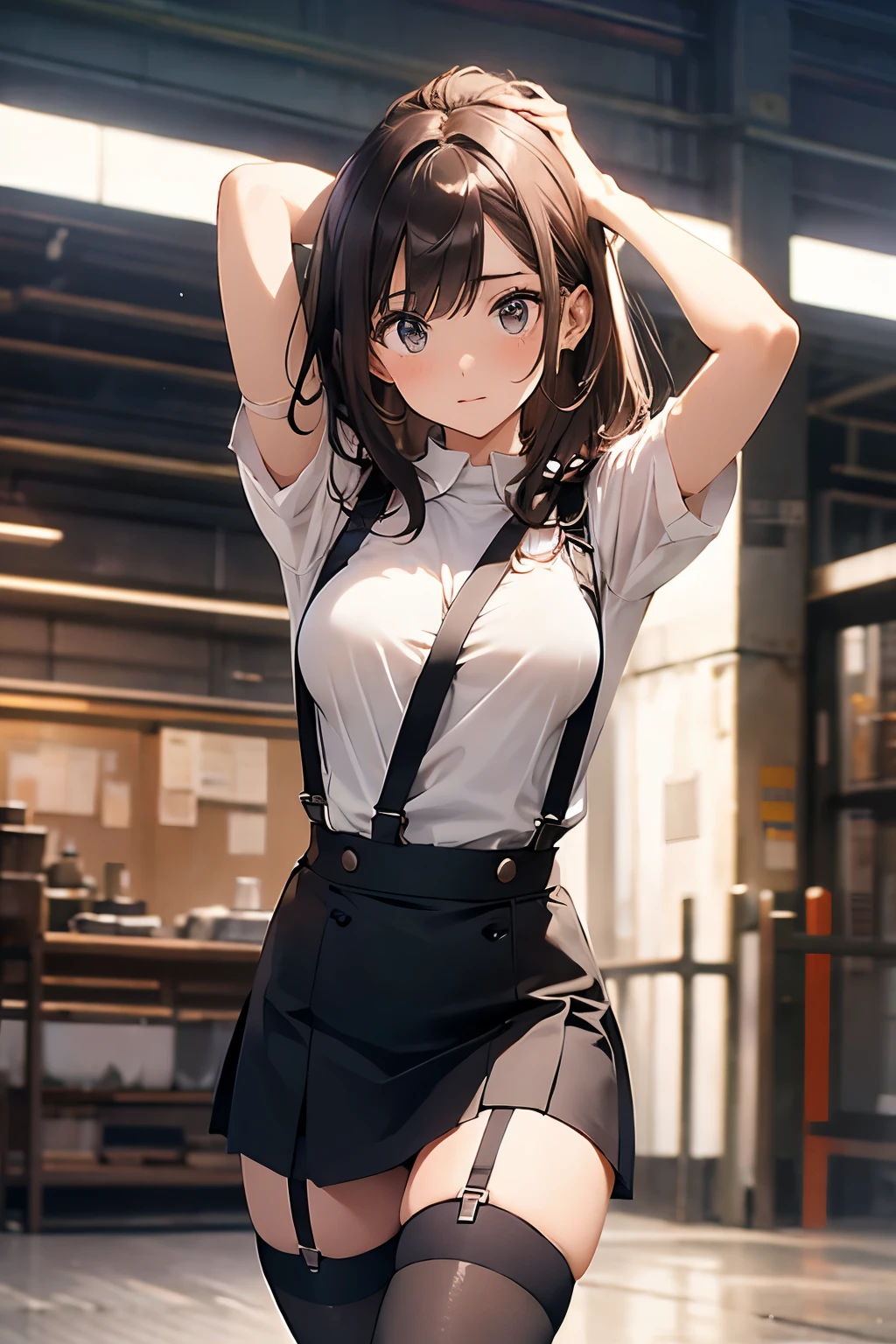 brown hair、looking at the viewer　　suspenders　　　Bulging big breasts　　 　 　　　　Black miniskirt　garter belt　knee high socks　　　　　　Gaze　　　small face　bangs 　　　　　Beauty　　hands up　　 　Gaze 　black boots 　provocation　　armpit sweat　one person 　　put your hands behind your back　cutter shirt　　Panty shot