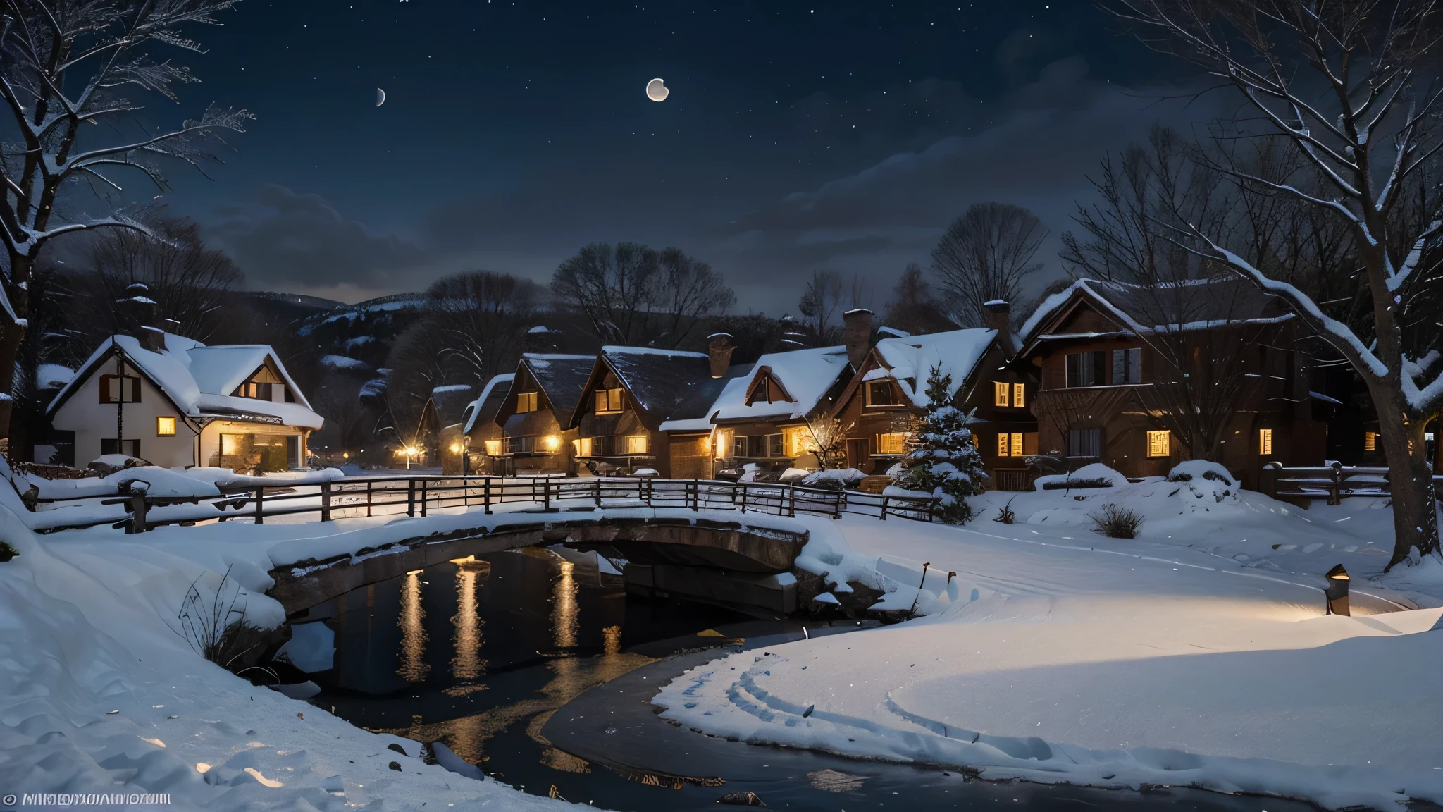 Create additional creative variations of the hyper-realistic painting of a full moon night over a snowy village, each with its own unique artistic interpretation. In these variations, explore different compositions, such as altering the layout of the village, the shape and phase of the moon, or the lighting and shadows cast by the moonlight. Introduce new elements like snow-covered trees, small bridges, or animals in the snow, adding depth and interest to the scene. The warmth of the cottages and the serene atmosphere of the snowy landscape should remain central themes, but each image should capture a different mood or aspect of this winter night setting, showcasing the beauty and tranquility of the scene in diverse and imaginative ways.