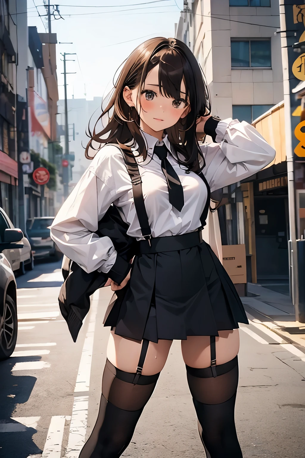 brown hair、looking at the viewer suspenders Bulging big breasts Black miniskirt garter belt knee high socks Gaze small face bangs Beauty hands up Gaze black boots provocation armpit sweat one person put your hands behind your back cutter shirt Panty shot