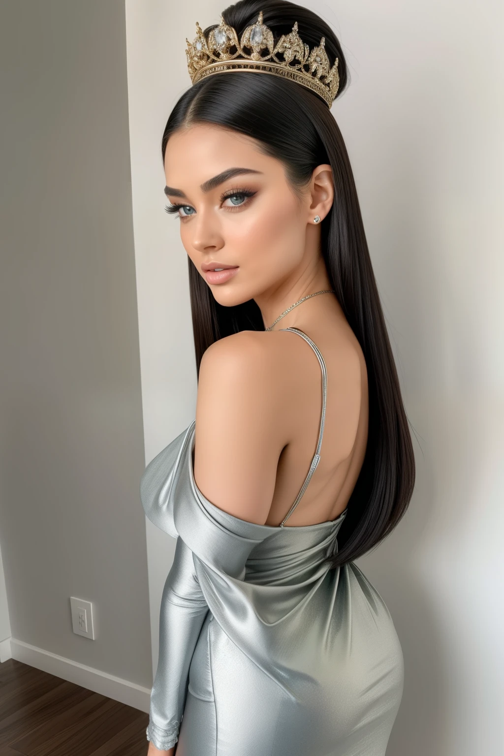A breathtakingly realistic image of a captivating social media influencer emerges, drawing viewers in like a magnetic force. She exudes allure without resorting to nudity, adorned in a chic and modern dress that accentuates her impeccable style. Her countenance is exquisitely sculpted, featuring a flawlessly defined jawline and high cheekbones that add an extra touch of allure. Her eyes, so seductive and captivating, are beautifully enhanced by perfectly groomed eyebrows that frame them with precision. The crowning glory of her appearance lies in her stunning hair, which falls in cascading waves of awe-inspiring beauty.
Her body, elegantly curvaceous, possesses a magnetic pull that leaves every man yearning for her presence. And with