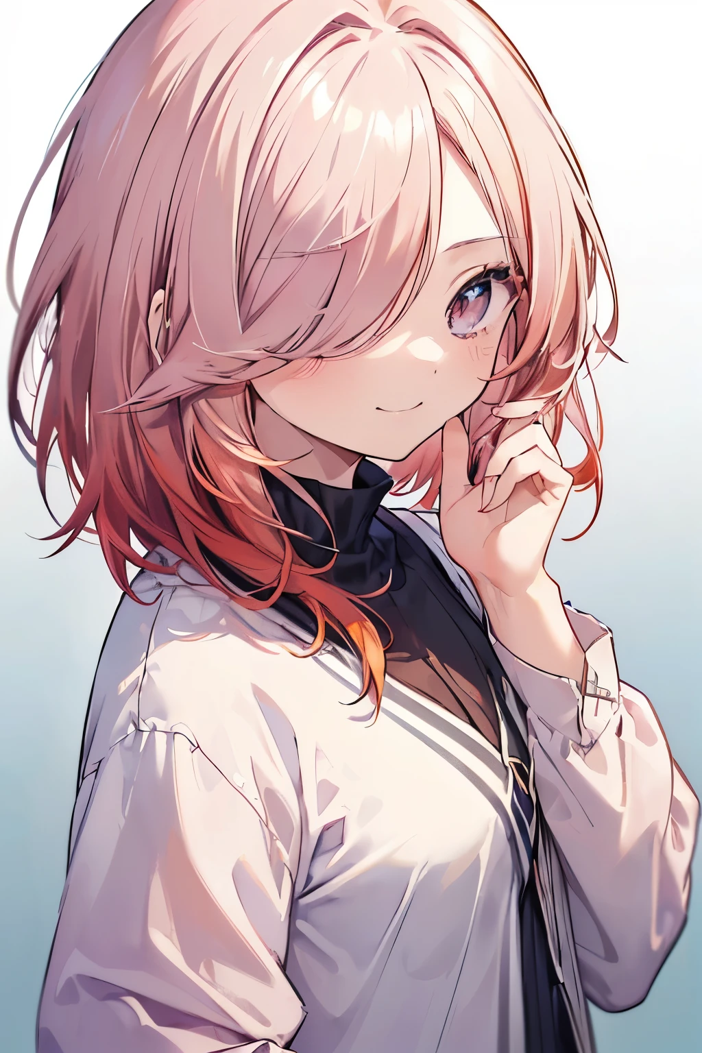 A 26 years old Japanese lady (( slender, medium breast )),  straight  medium hair(( light red hair ))(( one dianthus motif small hairpin )), much shaggy forelock(( hair over one eye completely:1.4)),  gradient colors cardigan ((gradient color shirt )), holding her arms in front,looking back pose,(( corners of her mouth are rising)),((no background))((  blue eyes, smile calmly )), 