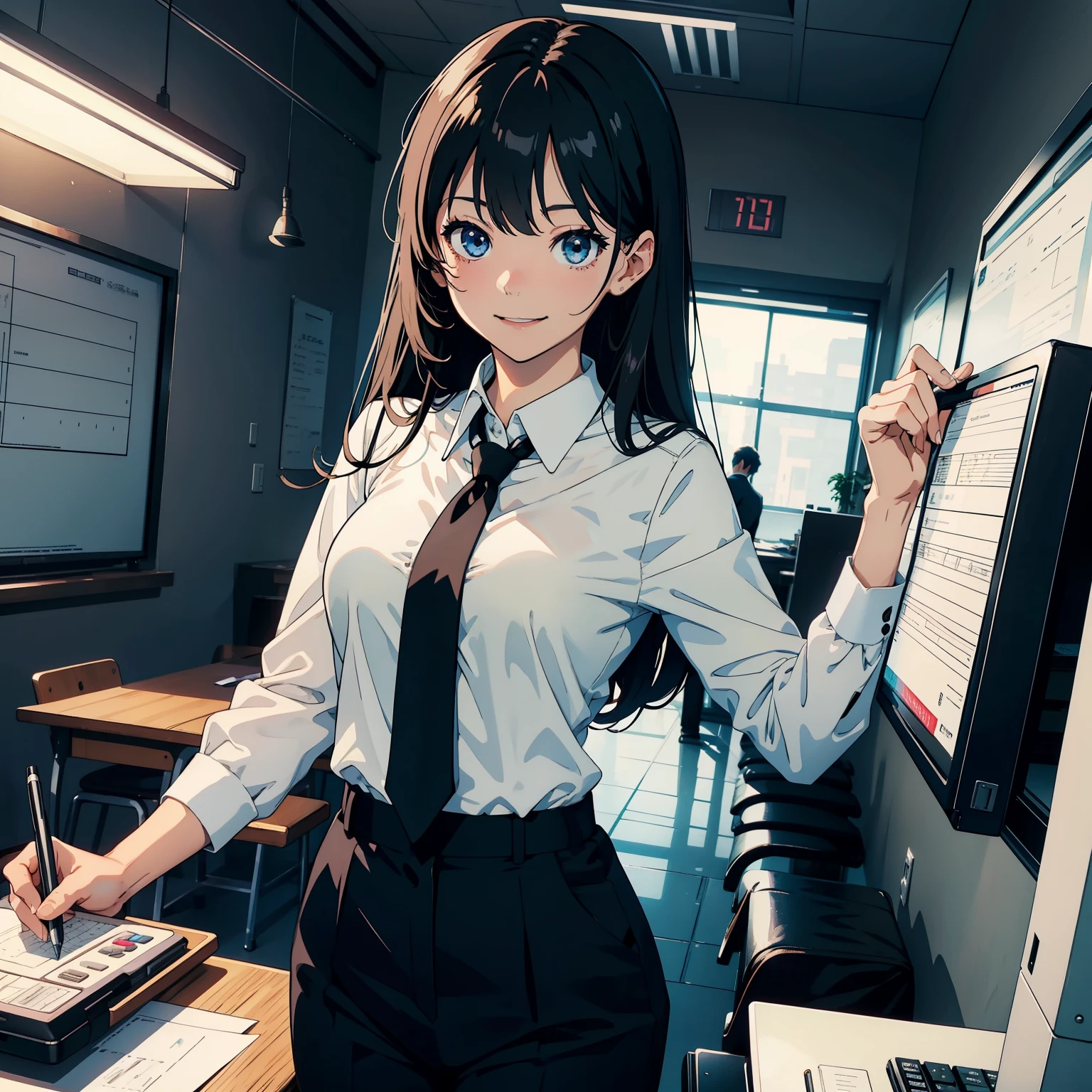 (best-quality:0.8), (best-quality:0.8), perfect anime illustration, high quality, award winning, highres, 8k,girl, accounting,smile, Happy,white shirt with black tie,Black pants,using calculator,holding calculator, school,profesional photo