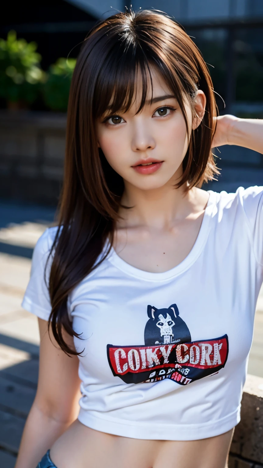 highest quality, masterpiece, ultra high resolution, (realistic:1.37), RAW photo, whole body,hip up, 1 girl, long hair, beautiful eyes, beautiful face, detailed eyes and face, T-shirt, dynamic lighting, in the dark, deep shadow, discreet key, cowboy shot