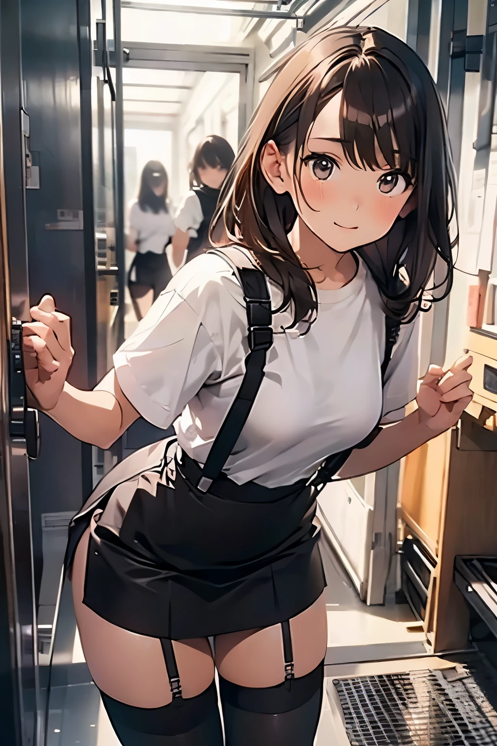 brown hair、looking at the viewer　　suspenders　　　Bulging big breasts　　 　 　　　　Black miniskirt　garter belt　knee high socks　　　　　　Gaze　　　small face　bangs 　　　　　Beauty　　hands up　　 　Gaze 　black boots 　provocation　　armpit sweat　one person 　　put your hands behind your back　cutter shirt　　Panty shot
