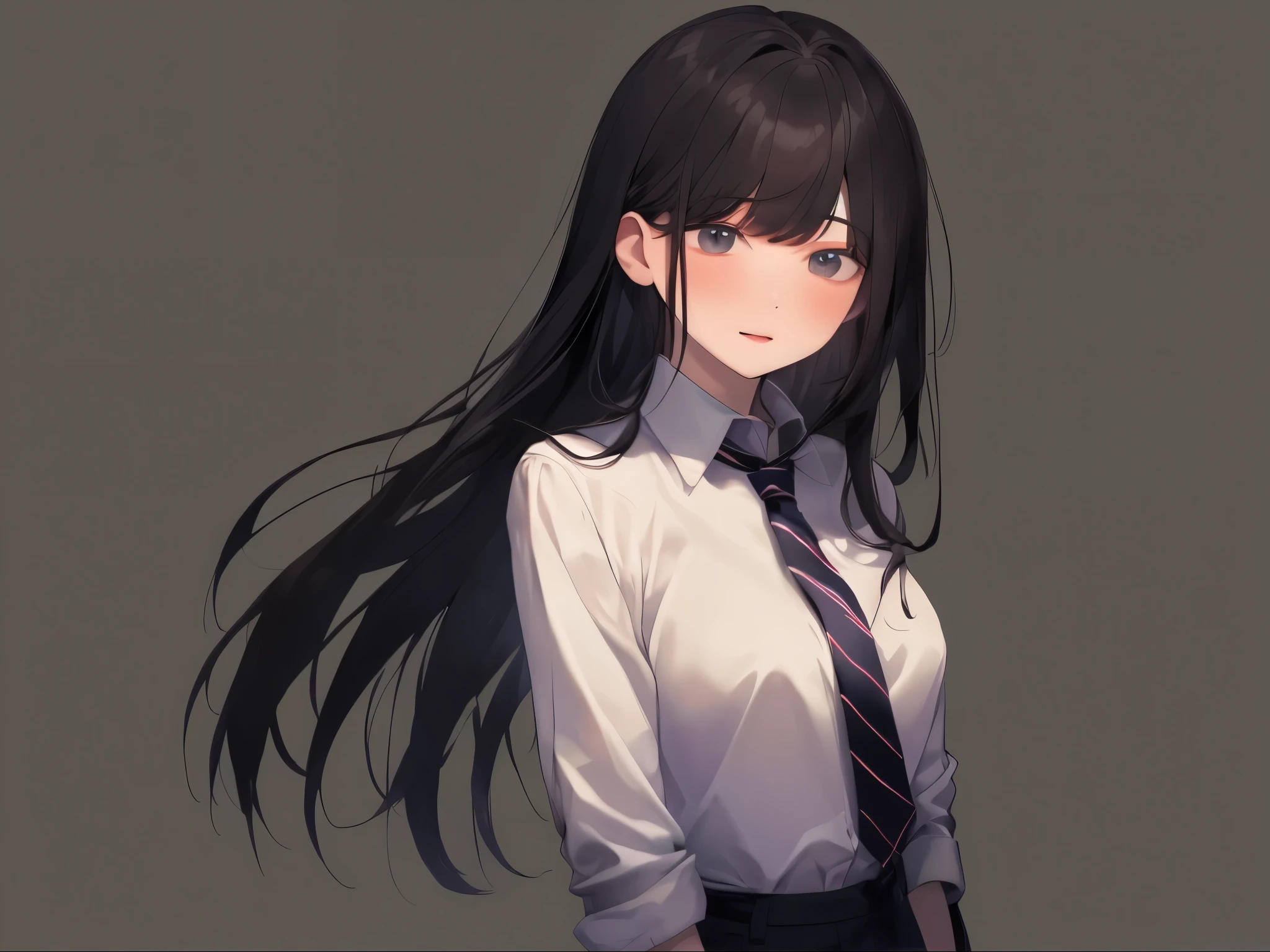 a slightly fat woman,Has long black hair tied up in a messy manner,bangs,White shirt with black and white striped tie,clothes dark background,small breasts,Expressionless