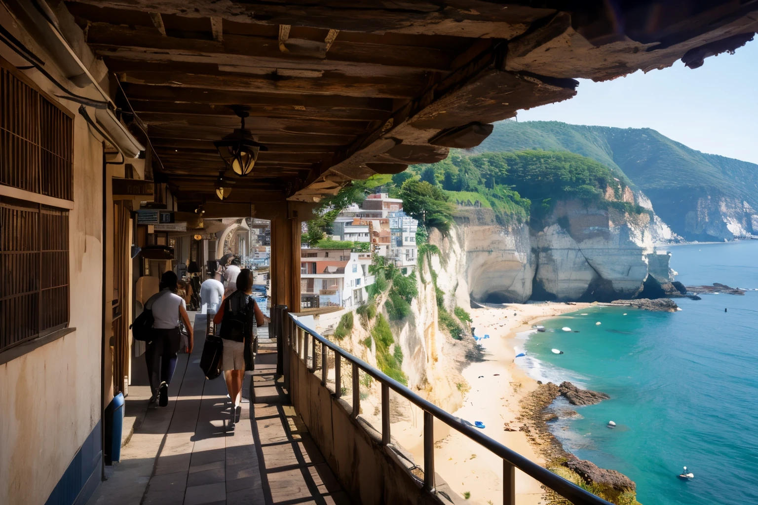 Old townscape rising on a cliff Masterpiece High image quality Sharp focus People walking Close view Narrow angle of view