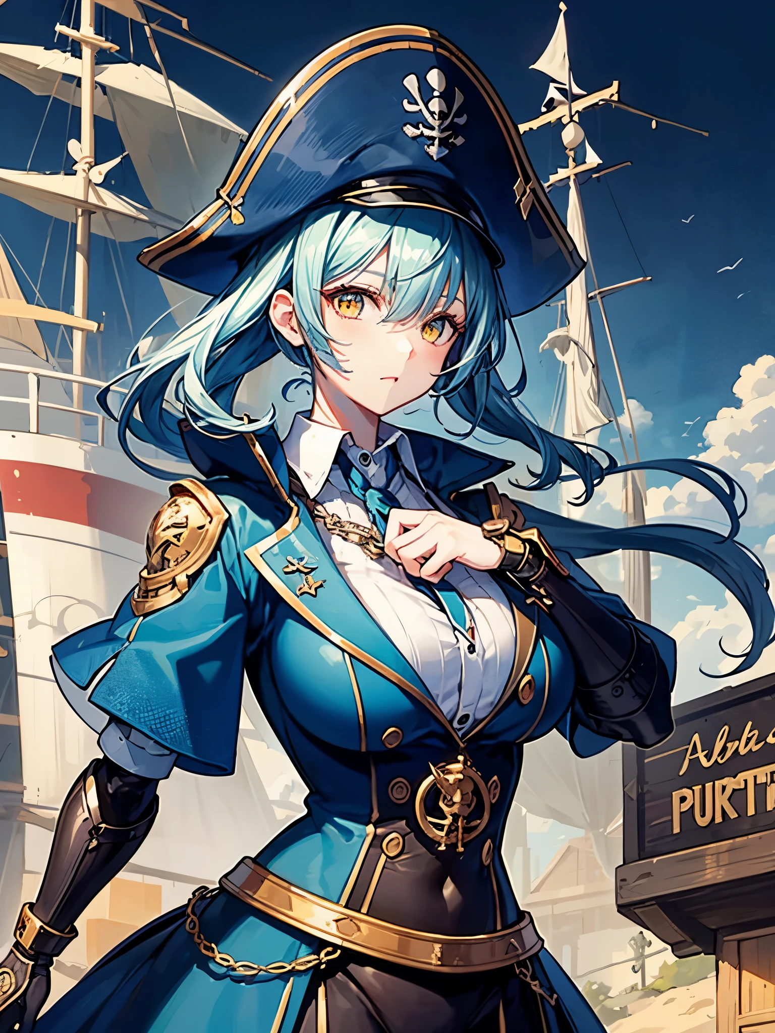 （（（masterpiece、Highest image quality、highest quality、highly detailed unity 8ｋwallpaper）））、（（Illustration of one girl、upper body））、（（（beautiful girl）））、（female pirate）、（Light light blue hair、short ponytail：1.2、yellow eyes）、（（（Right hand is a prosthetic hand、steampunk prosthetic arm）））、（（tall））、bulky figure, massive frame, thick neck, sturdy arms, powerful legs、（captain&#39;s suit、Pirate hat、Blue coat）、Pirate ship deck