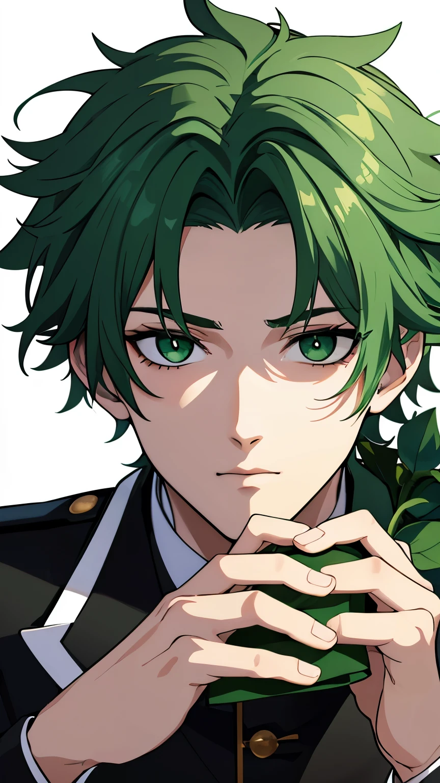 18 year old man, green hair, green eyes, wearing a black idol uniform, half body, taking a photo shoot, photography, portrait, white background, holding flowers, very detailed 