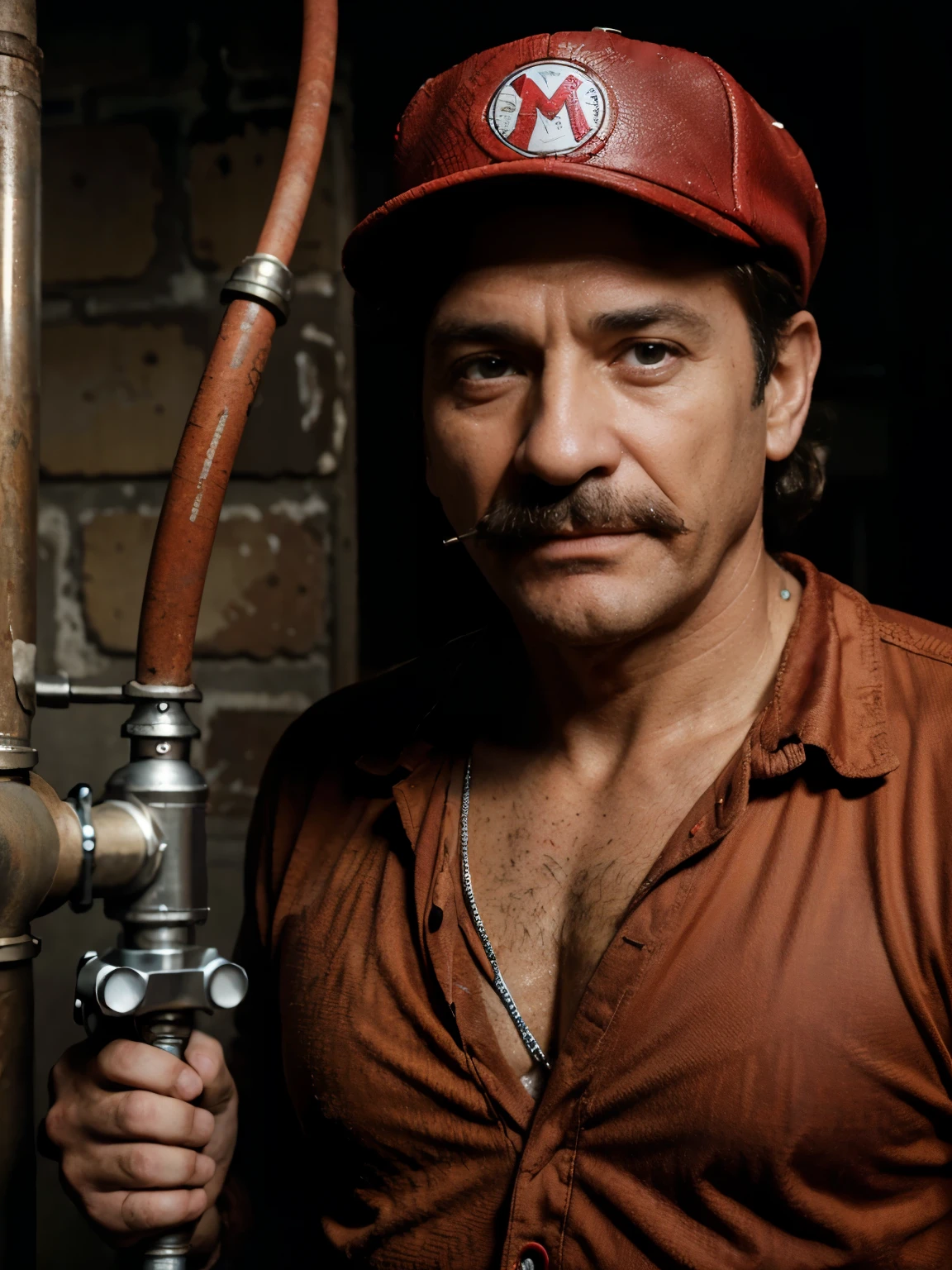 (masterpiece, highest quality, cinematic, ultra realistic), head and shoulders shot, (65 year old male) / joe pesci / dressed as Mario from Super Mario, Super Mario cosplay, red hat, red shirt, braces, ((holding lead pipe)), comically curly moustache, scars, grizzled, stubble, wrinkles, gangster, blood spatter, ultra detailed, high quality textures, hyper realistic, HDR+, light and shadow, 