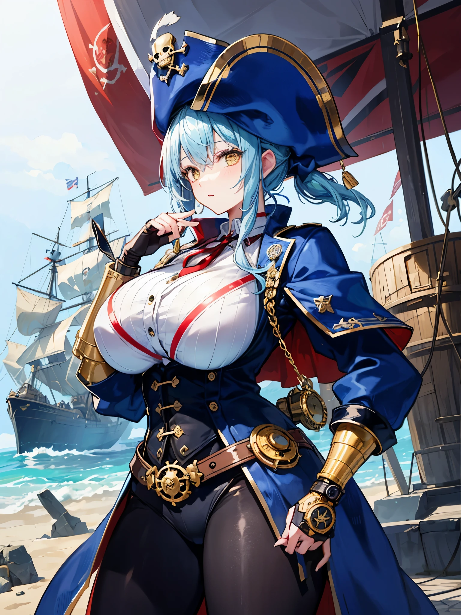 (((masterpiece、Highest image quality、highest quality、highly detailed unity 8kwallpaper)))、((Illustration of one girl、upper body))、(((beautiful girl)))、(female pirate)、(Light light blue hair、short ponytail:1.2、yellow eyes)、(((Right hand is a prosthetic hand、steampunk prosthetic arm)))、((tall))、bulky figure, massive frame, thick neck, sturdy arms, powerful legs、(captain's suit、Pirate hat、Blue coat)、Pirate ship deck