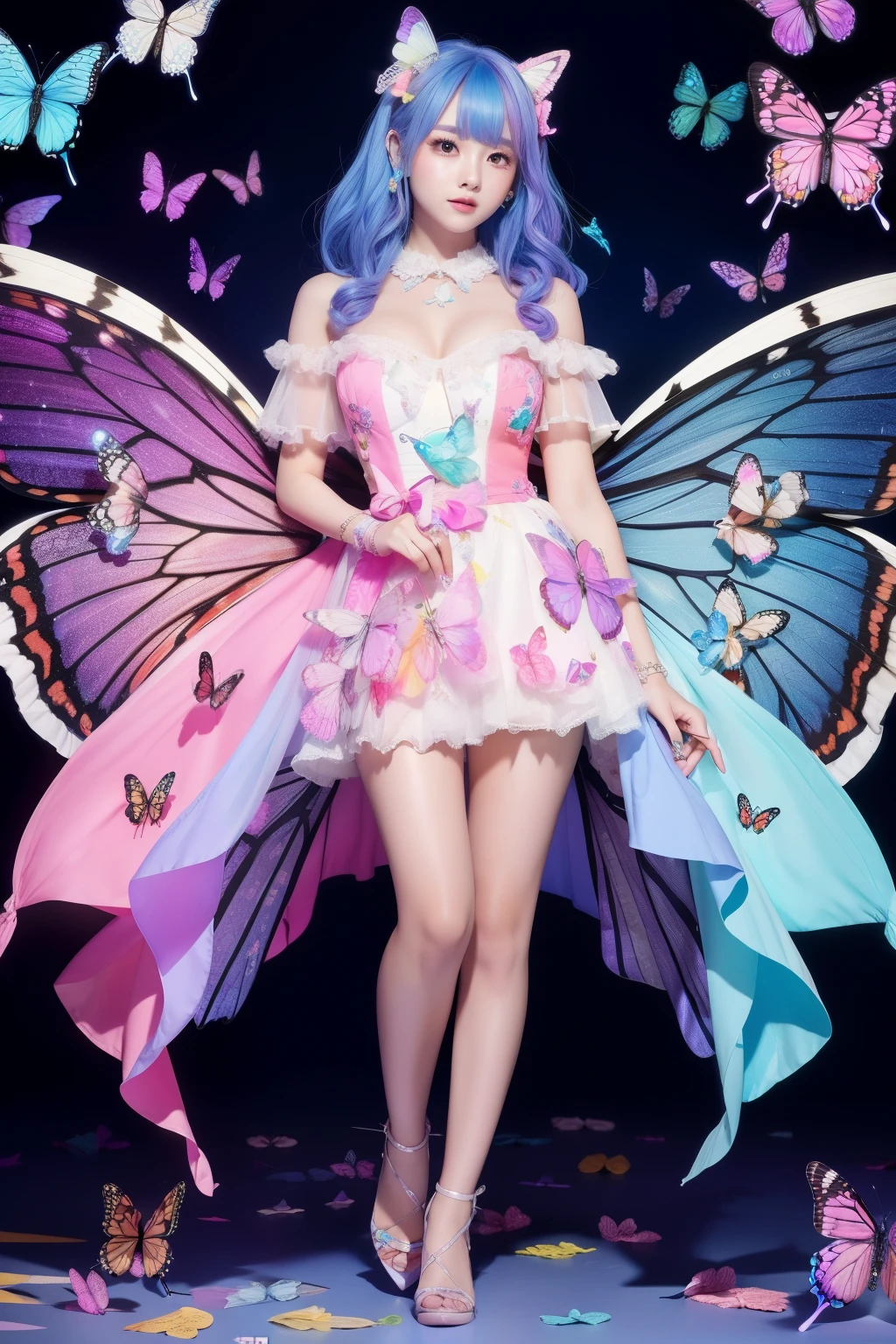 Female idol covered in butterflies、Full body Esbian、、Formal suit full of butterflies（fluorescent pink and blue）、luminescent、colorful hair