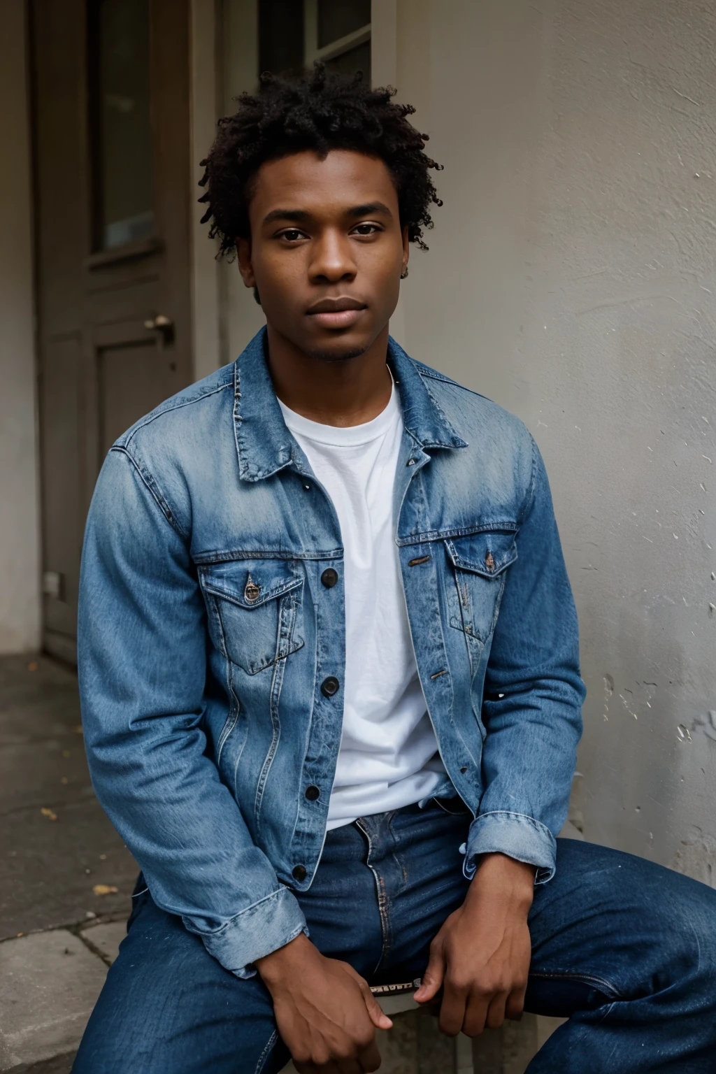 black man wearing blue jeans jacket and white T-shit. with very short curl hair. sitting