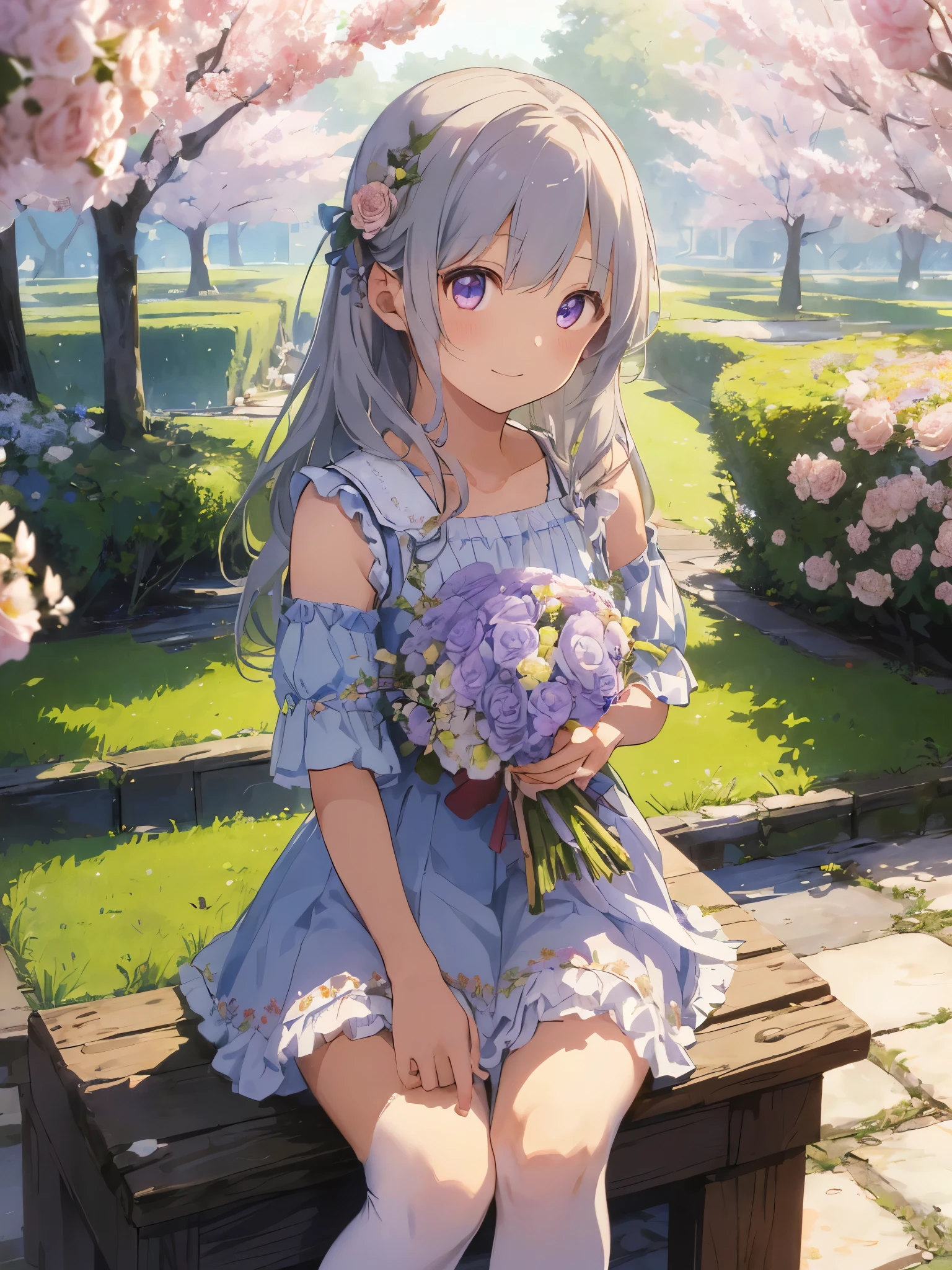 (masterpiece、highest quality、enlightenment、very high quality、High level image quality、Extremely sensitive writing)Girl with long silver hair standing in beautiful flowery garden、slight smile、She has a large bouquet、knee high socks、Cute national costume style dress with ruffles on the shoulders、hair blowing in the wind、night scenery、secret garden、Light purple eyes、Bouquet of roses、(((girl sitting)))、(((沢山のBouquet of rosesを持つ)))