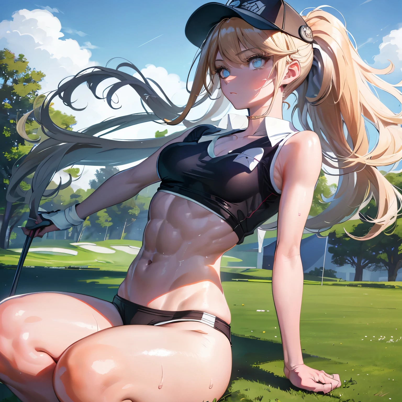 Best Quality, masutepiece, High resolution, (Photorealistic:1.4), Raw photo, 1 beautiful girl ,Women's golf player, small head,Large breasts,Training　Abs,nice legs, Glowing skin, Sweat,In the field of golf,(Detailed beautiful face:1.4),detailed skins,Detailed eyes,detailed hairs,Cool,Beautiful,