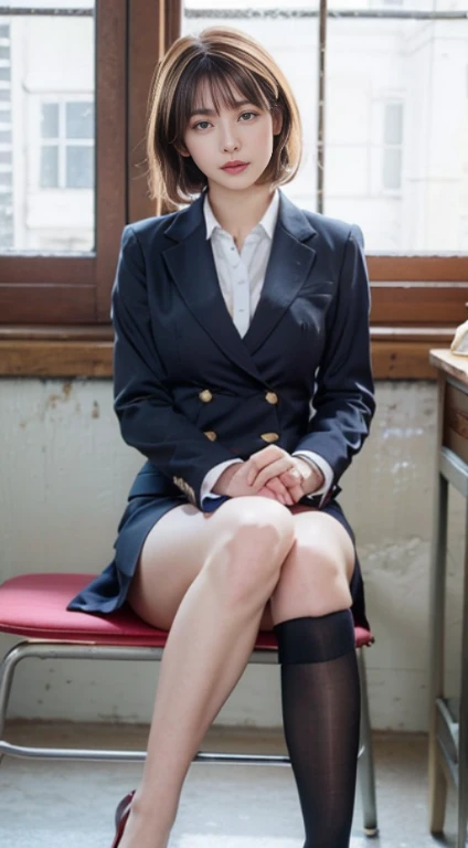 Top quality, Photorealistic, 8k, High resolution, 1 girl, female, (medium breasts: 1.8), , blazer, unbuttoned uniform, until her breasts were visible, pubic hair visible, no panties, skirt boldly pulled up, ((sitting on chair and legs wide open)), knees bent and legs open, slightly short hairstyle, hands grabbing knees and legs open, shirt with buttons fluttering, bronze hair,