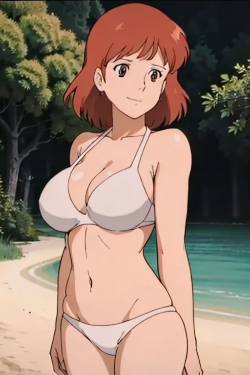 (masterpiece, best quality, high resolution, anime screencap, anime colored, 8k, photorealistic), Nausicaa, ars old, milf, wife, solo, brown hair, sad smile, (looking at viewer), huge breasts, cleavage, (white bikini:1.5), Curvey, cowboy shot, (lake, wet), (perfect detailed anatomy, beautiful detailed face&eyes:1.5, shiny skin, perfect sharp body)